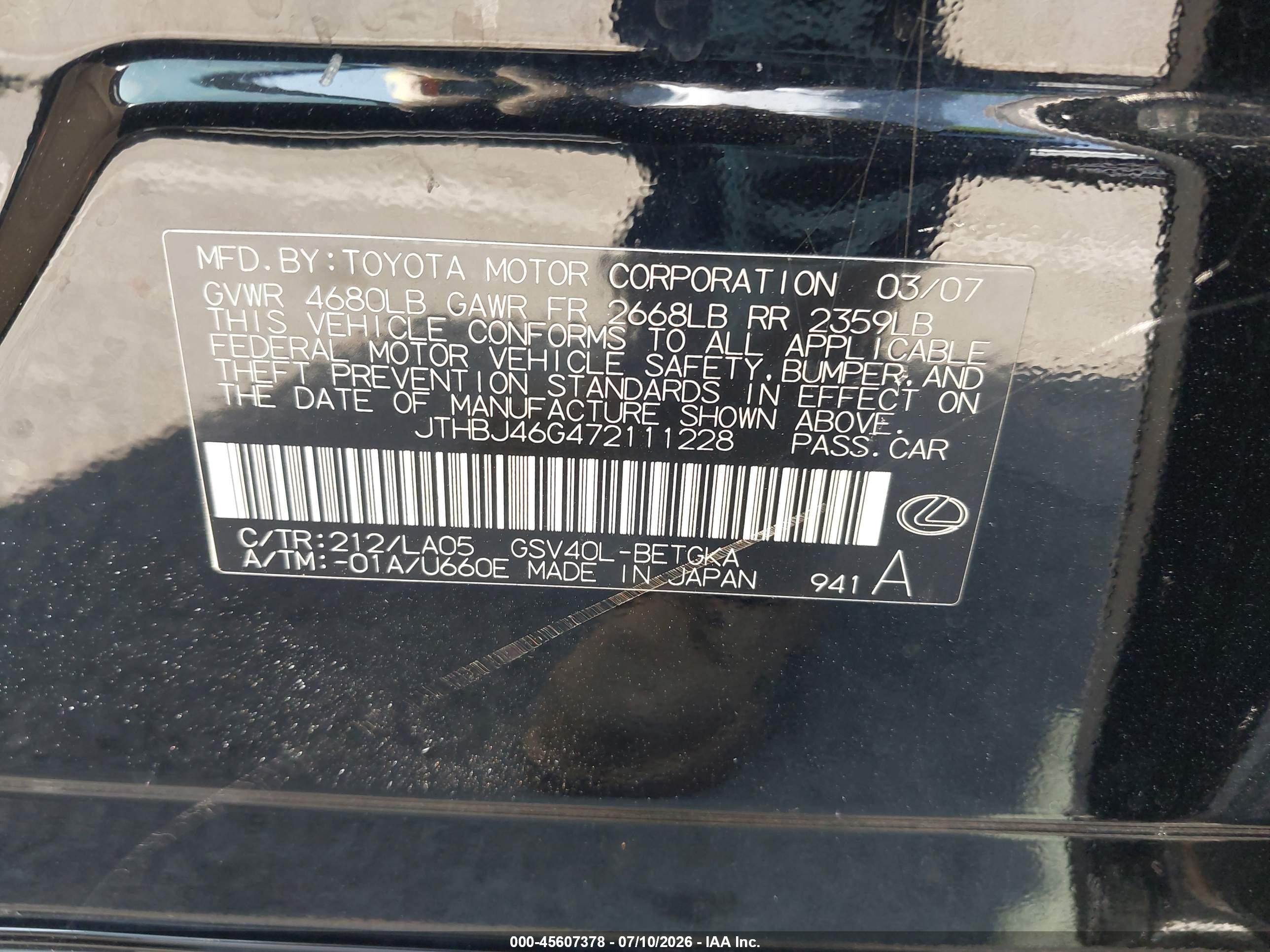 2007 Lexus Es 350   Black vin: JTHBJ46G472111228