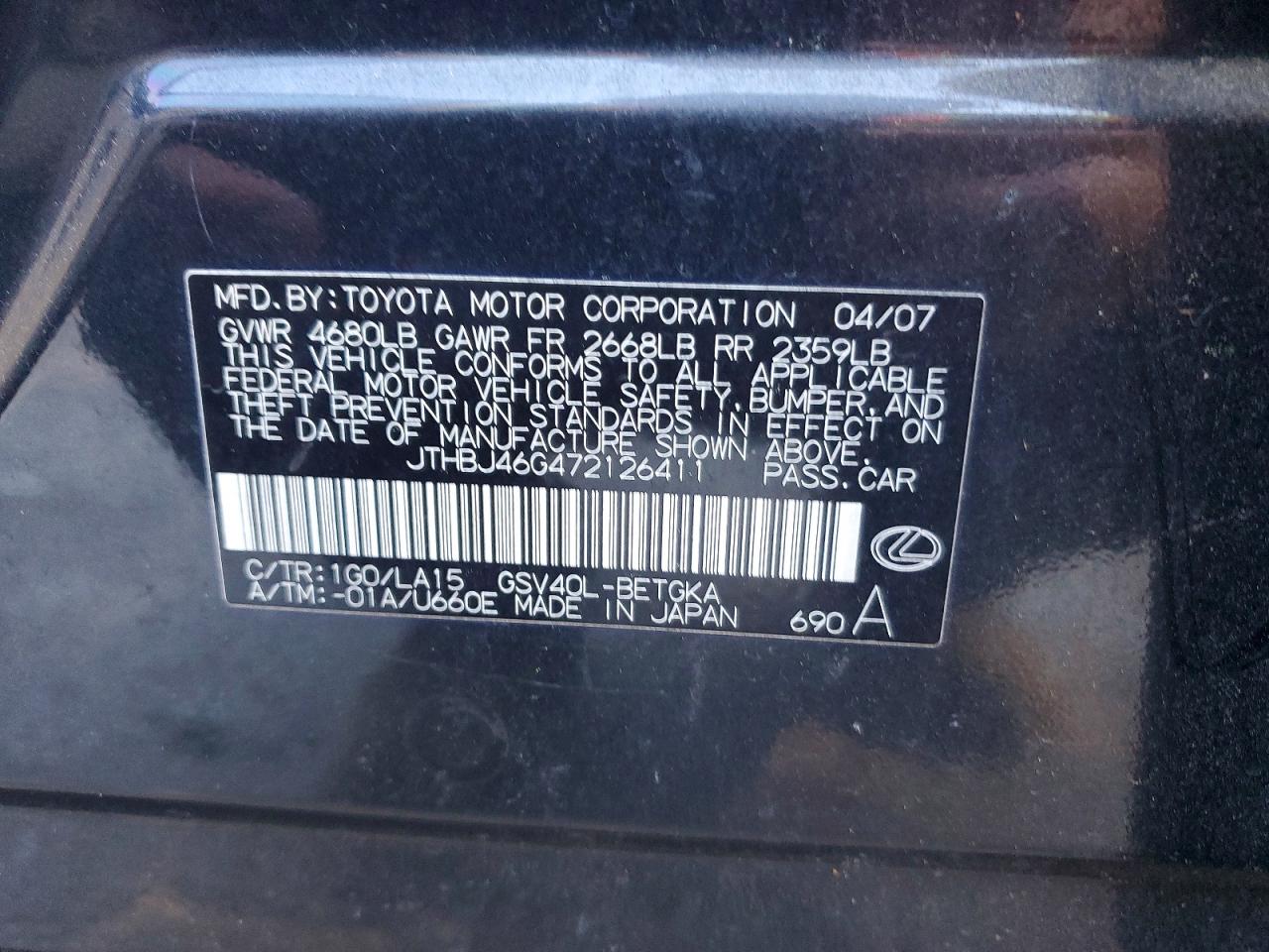 2007 Lexus Es 350 Black vin: JTHBJ46G472126411
