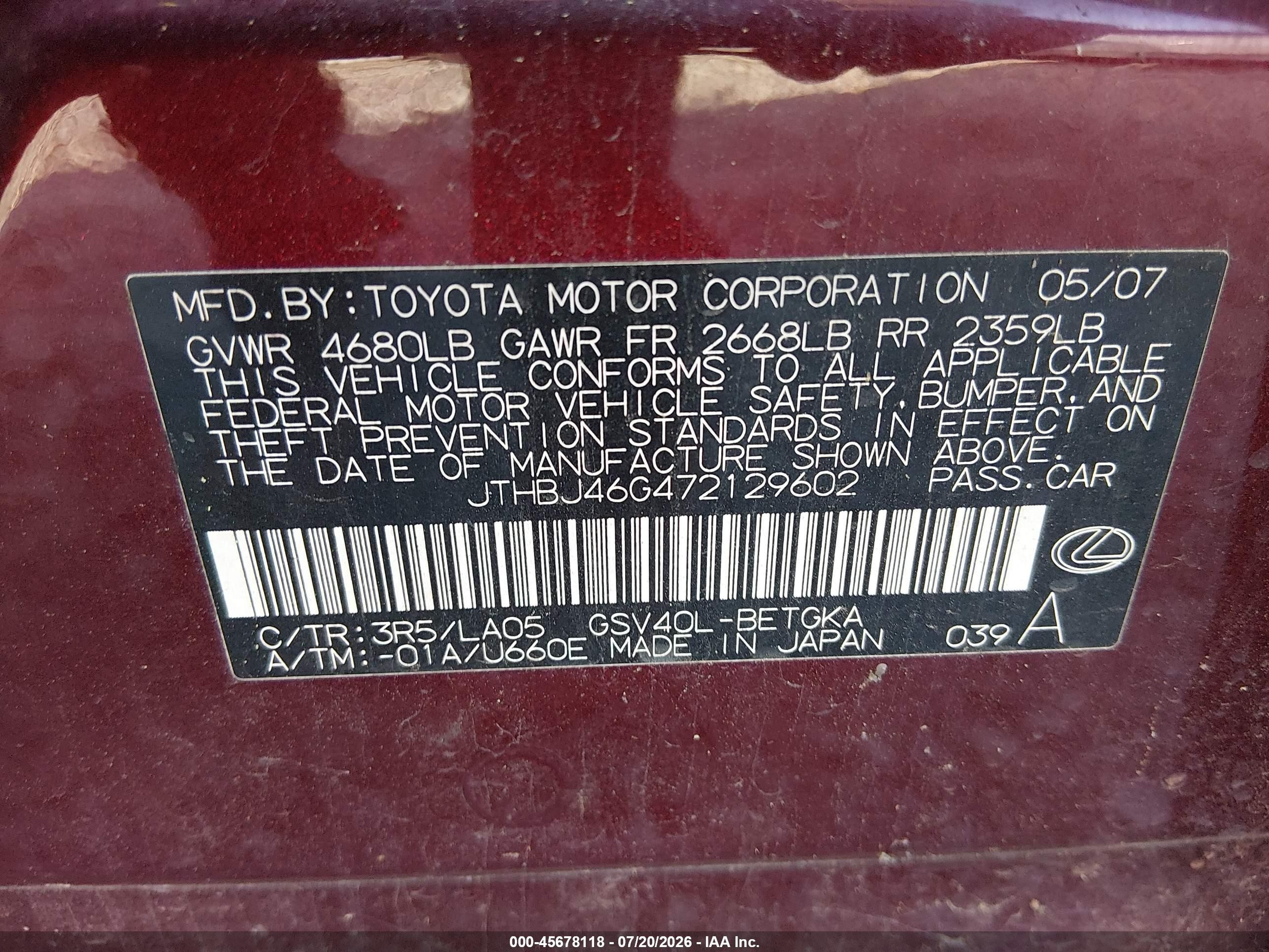 2007 Lexus Es 350   Бордовый vin: JTHBJ46G472129602