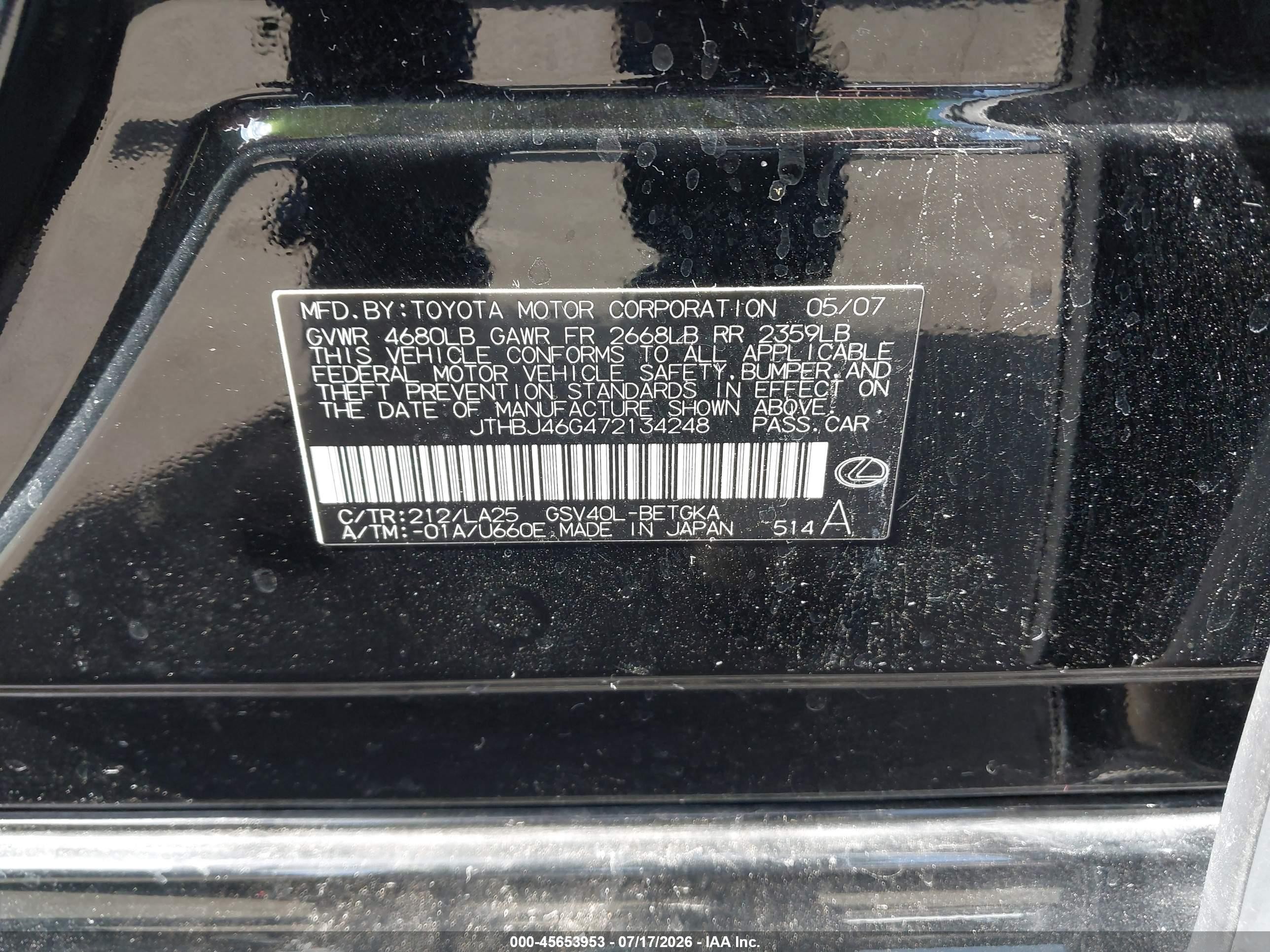 2007 Lexus Es 350   Black vin: JTHBJ46G472134248