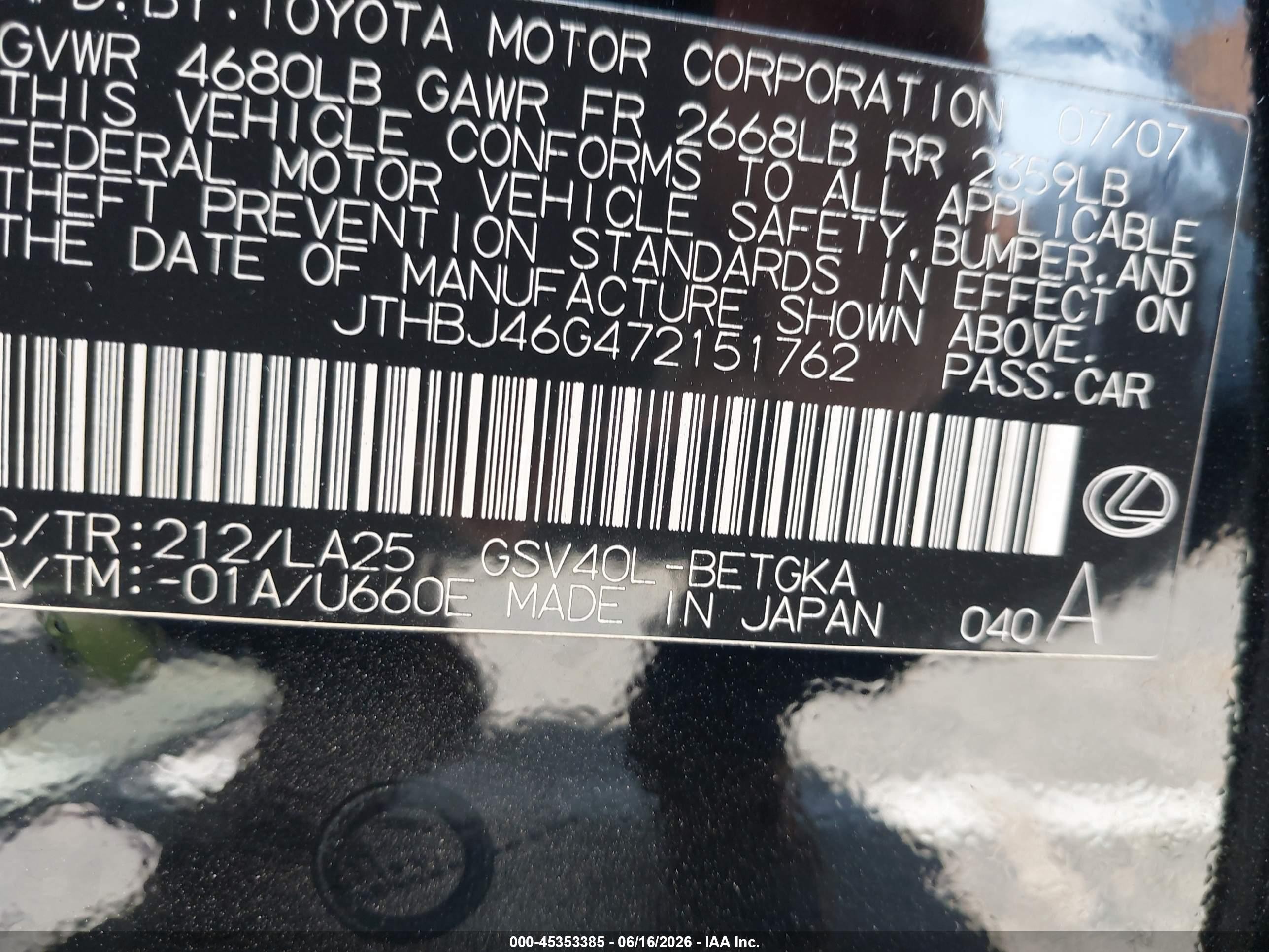 2007 Lexus Es 350   Черный vin: JTHBJ46G472151762