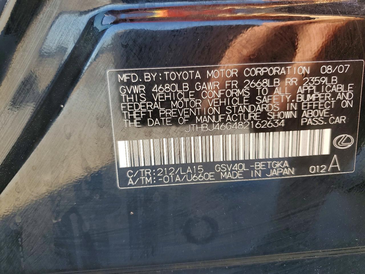 2008 Lexus Es 350 Black vin: JTHBJ46G482162634