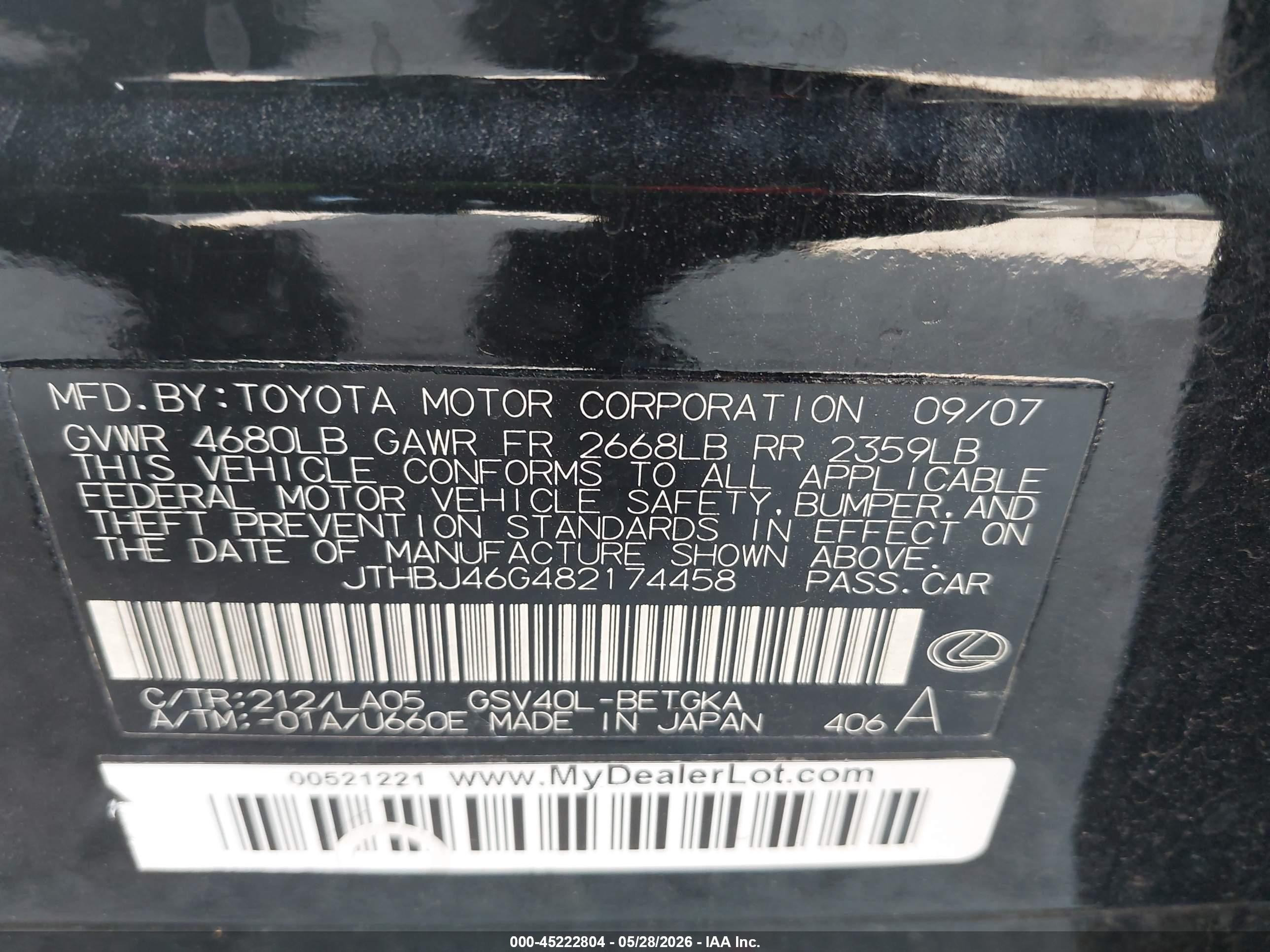 2008 Lexus Es 350   Black vin: JTHBJ46G482174458