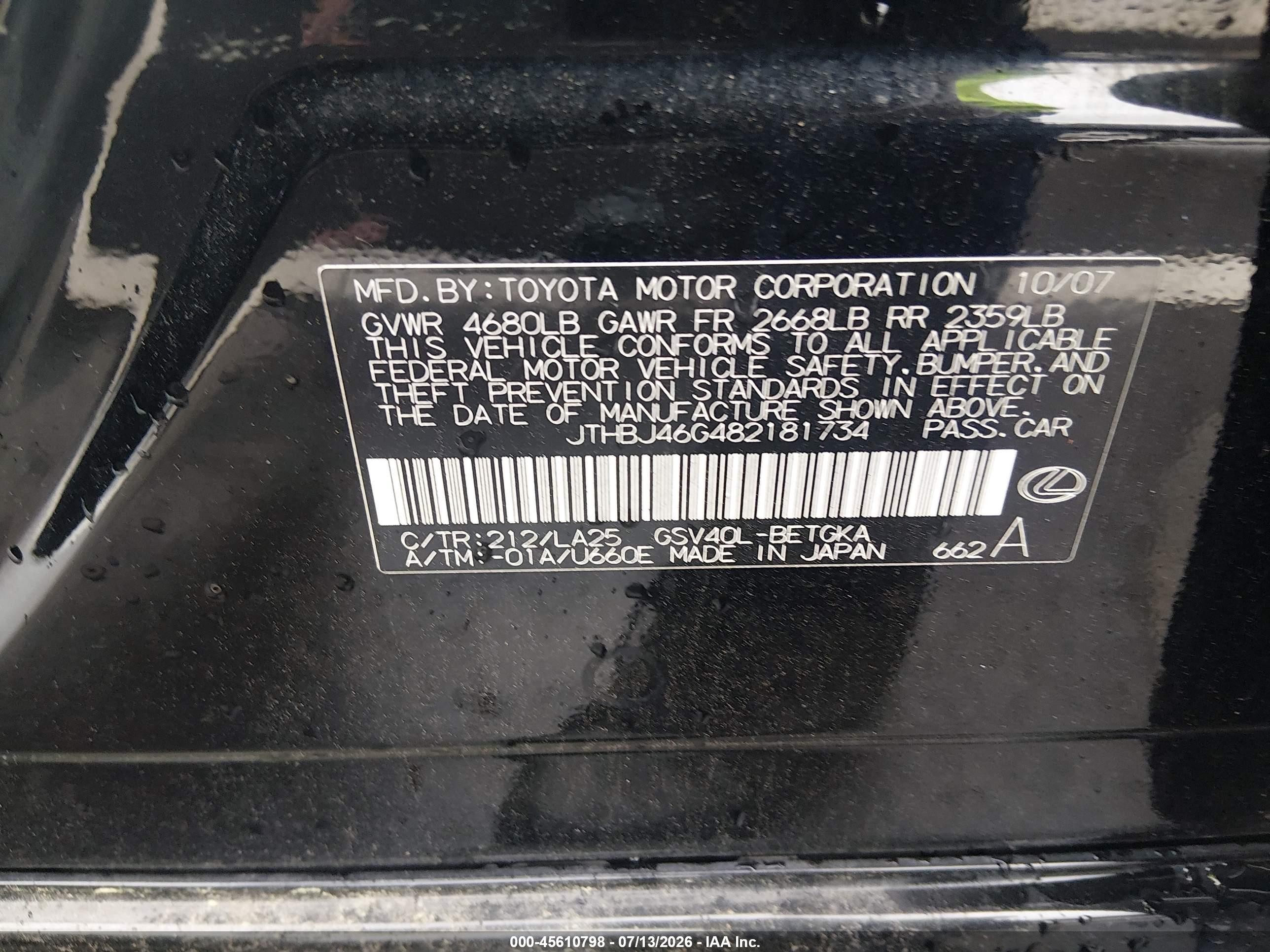 2008 Lexus Es 350   Black vin: JTHBJ46G482181734