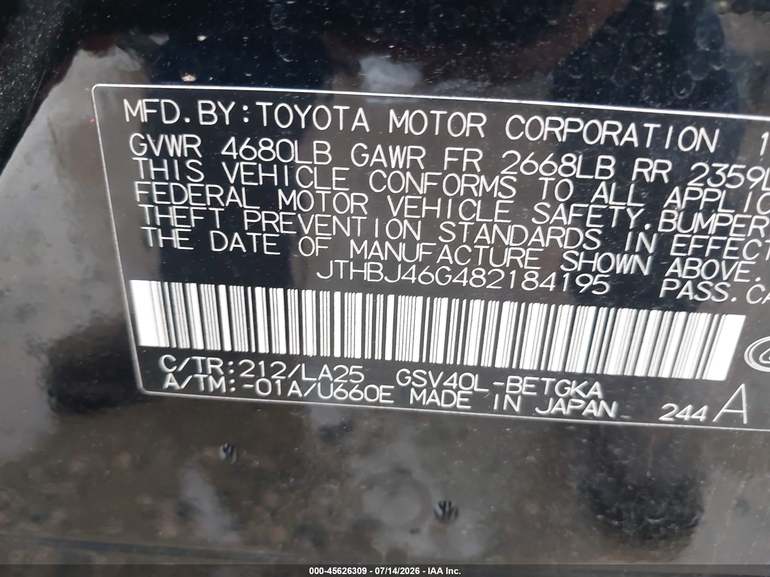 2008 Lexus Es 350   Black vin: JTHBJ46G482184195