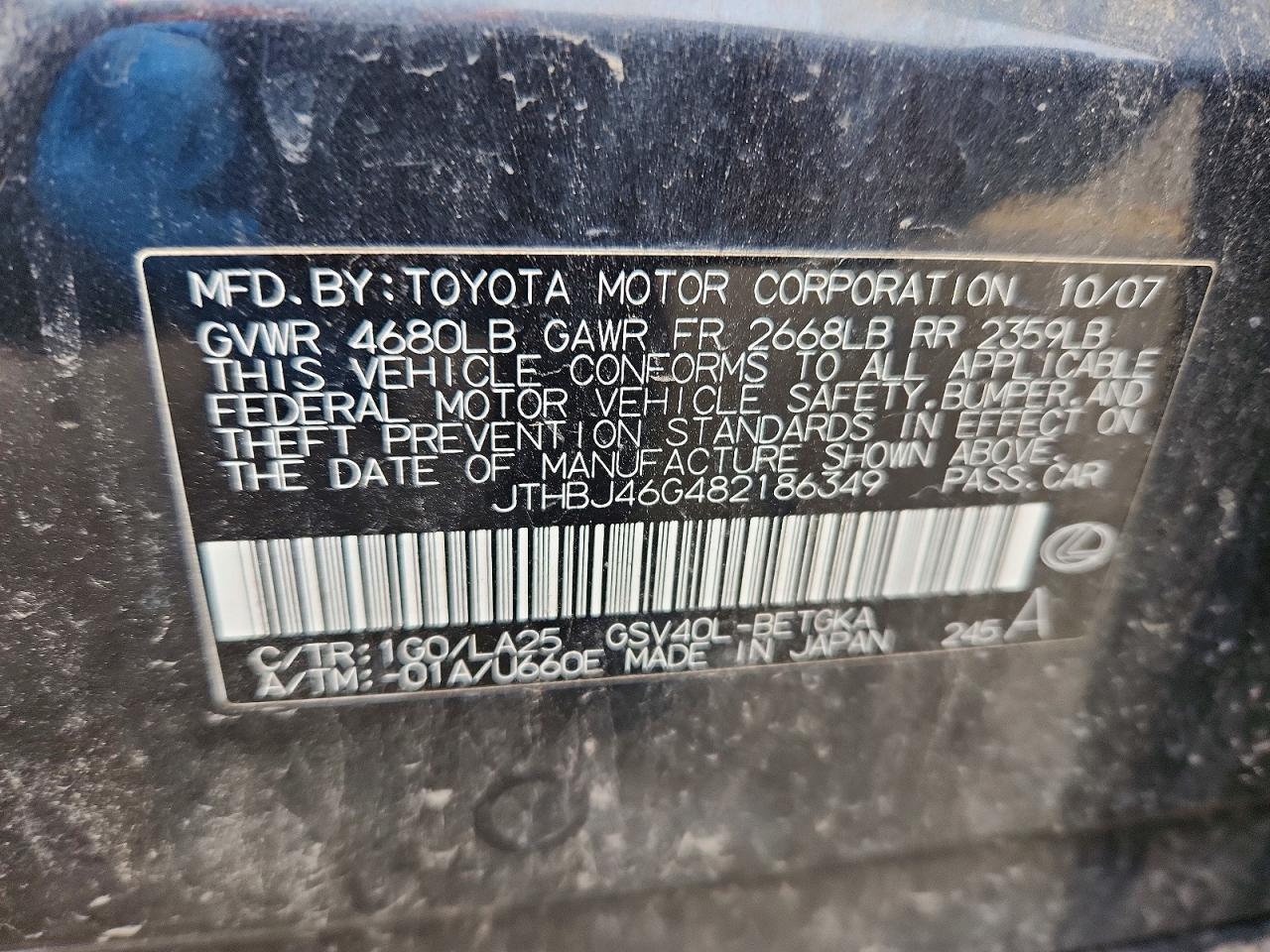 2008 Lexus Es 350 Угольный vin: JTHBJ46G482186349