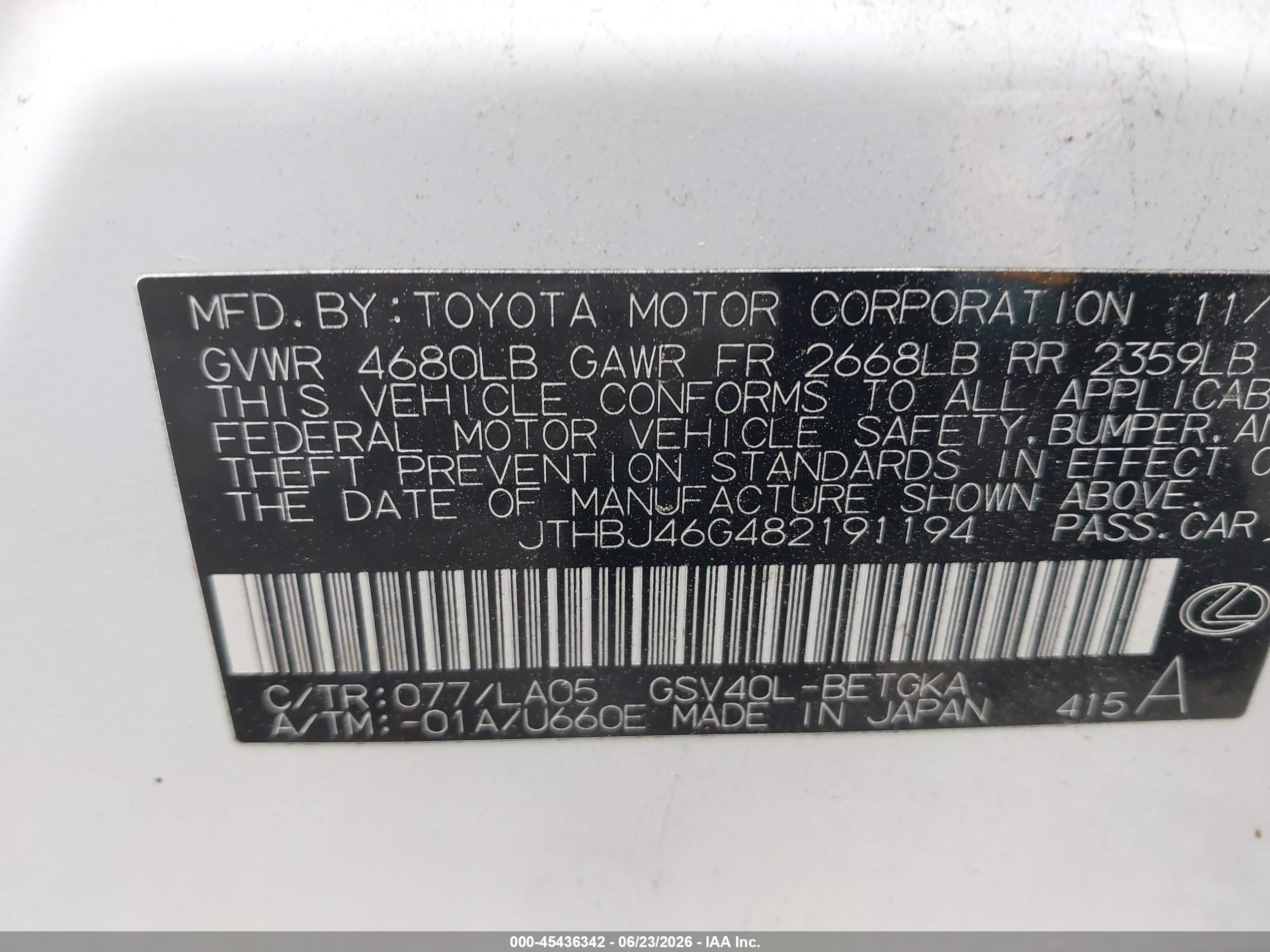 2008 Lexus Es 350   White vin: JTHBJ46G482191194