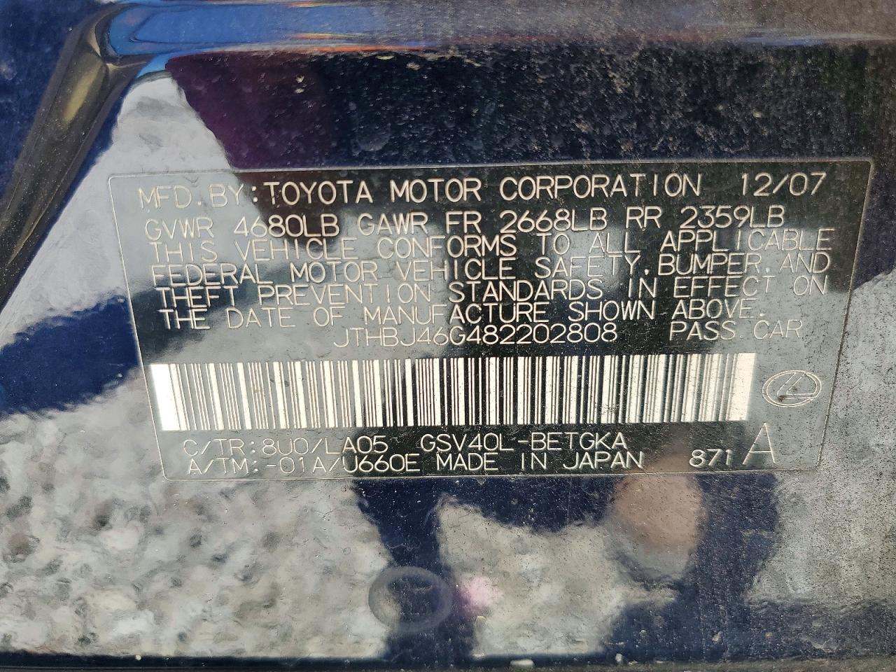 2008 Lexus Es 350 Base Blue vin: JTHBJ46G482202808