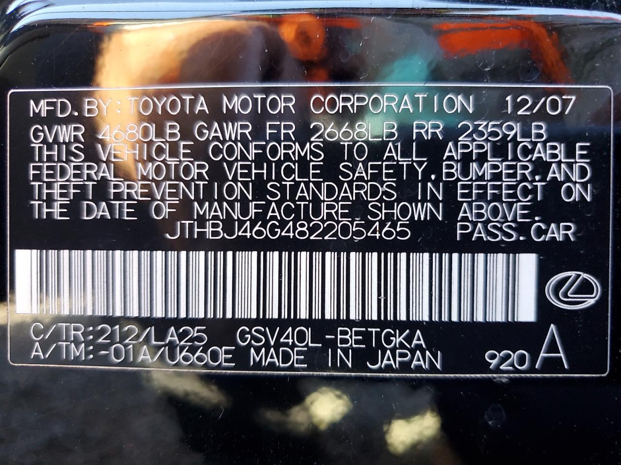2008 Lexus Es 350 Черный vin: JTHBJ46G482205465