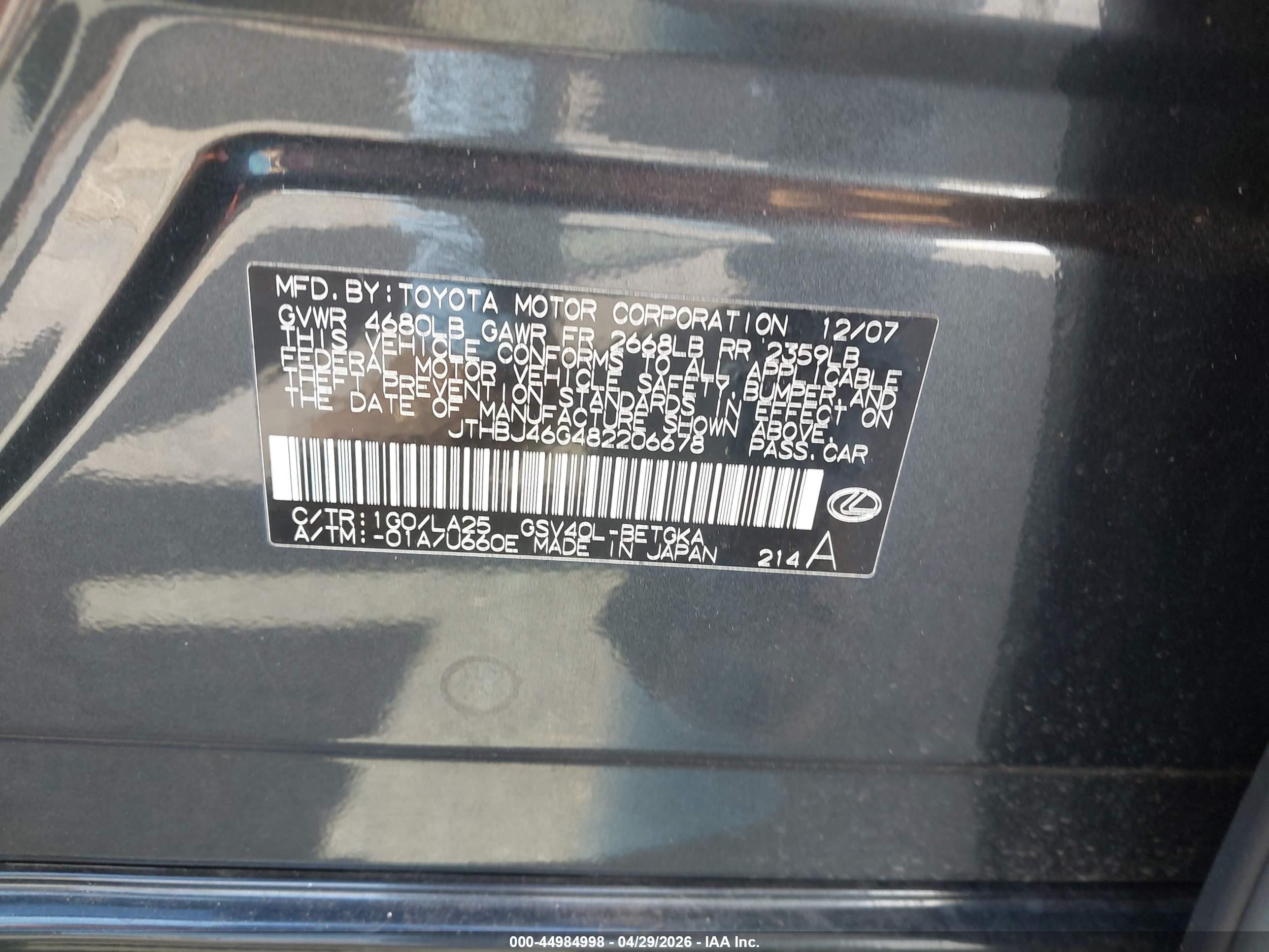 2008 Lexus Es 350   Black vin: JTHBJ46G482206678