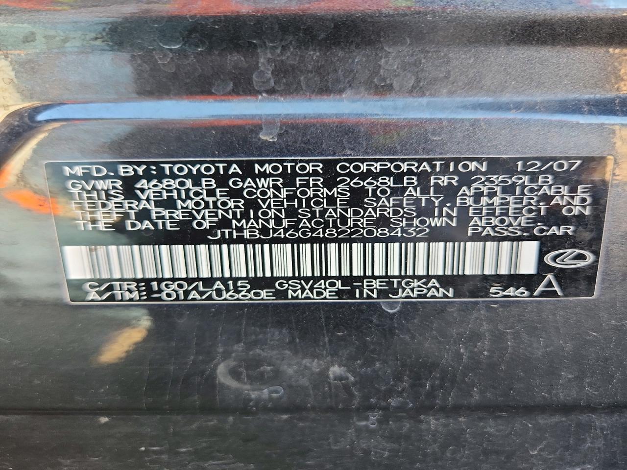 2008 Lexus Es 350 Black vin: JTHBJ46G482208432
