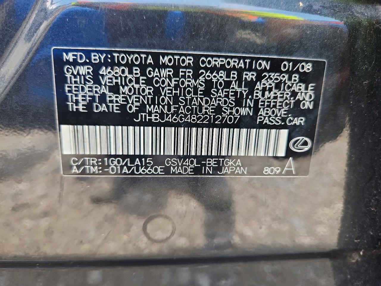 2008 Lexus Es 350 Gray vin: JTHBJ46G482212707