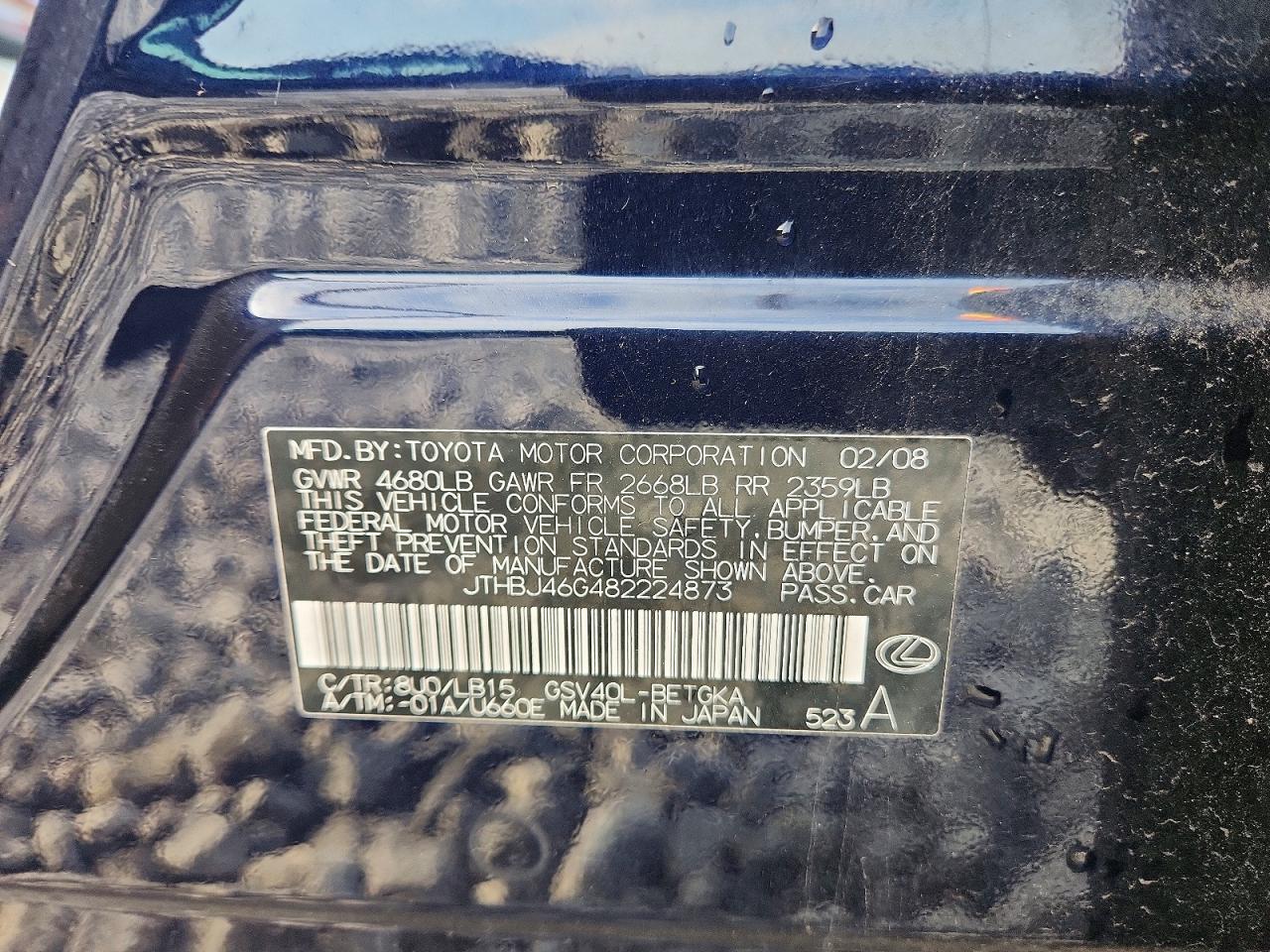 2008 Lexus Es 350 Blue vin: JTHBJ46G482224873