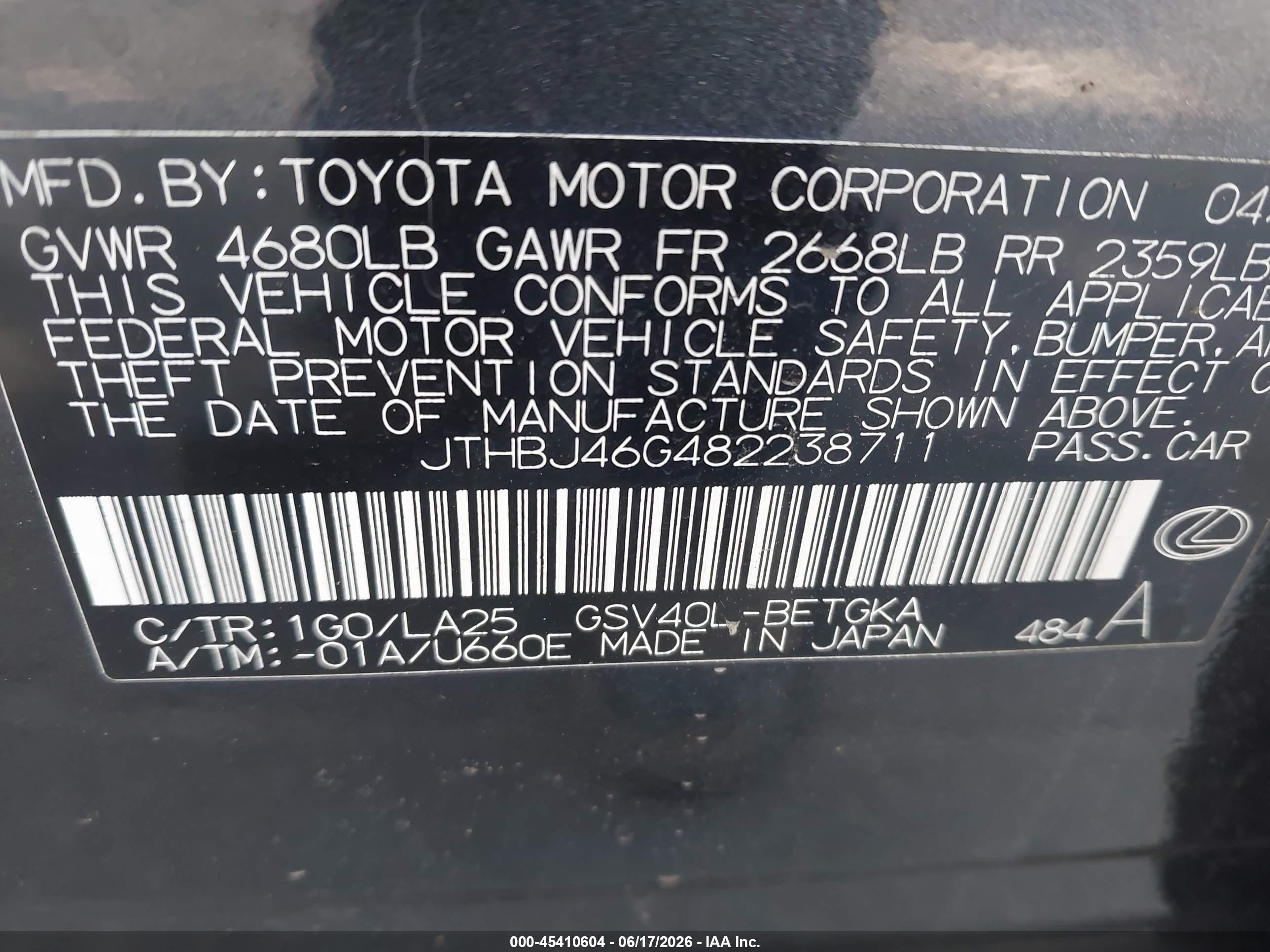 2008 Lexus Es 350 Gray vin: JTHBJ46G482238711