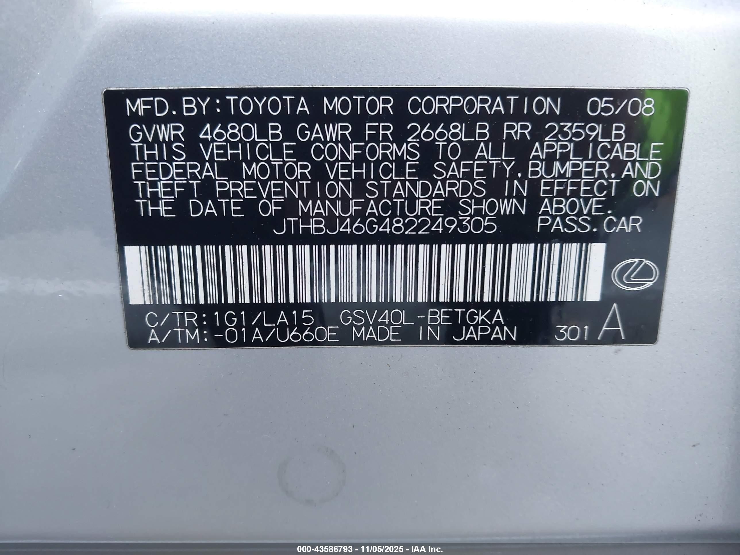 2008 Lexus Es 350   Silver vin: JTHBJ46G482249305