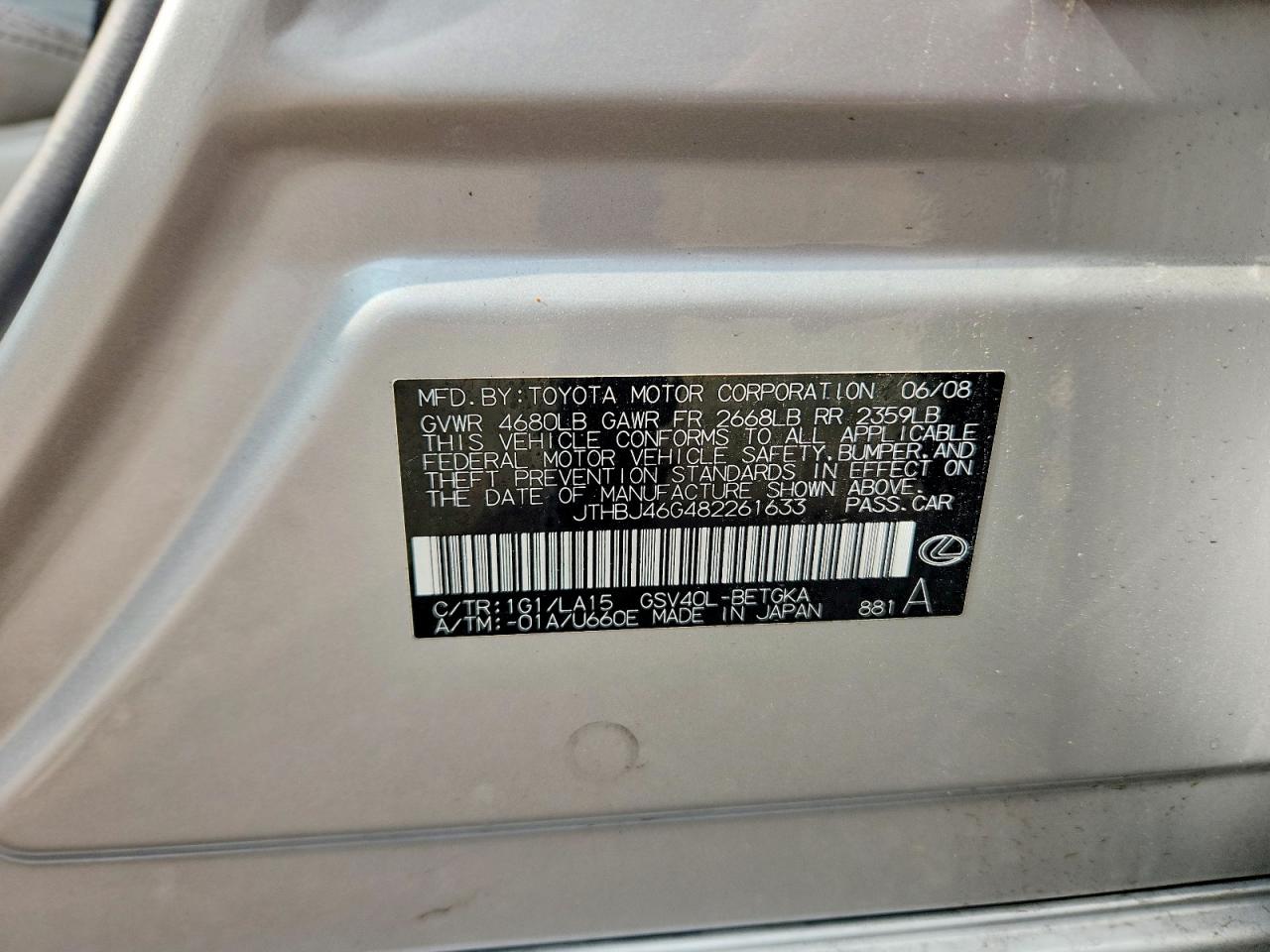 2008 Lexus Es 350 Silver vin: JTHBJ46G482261633