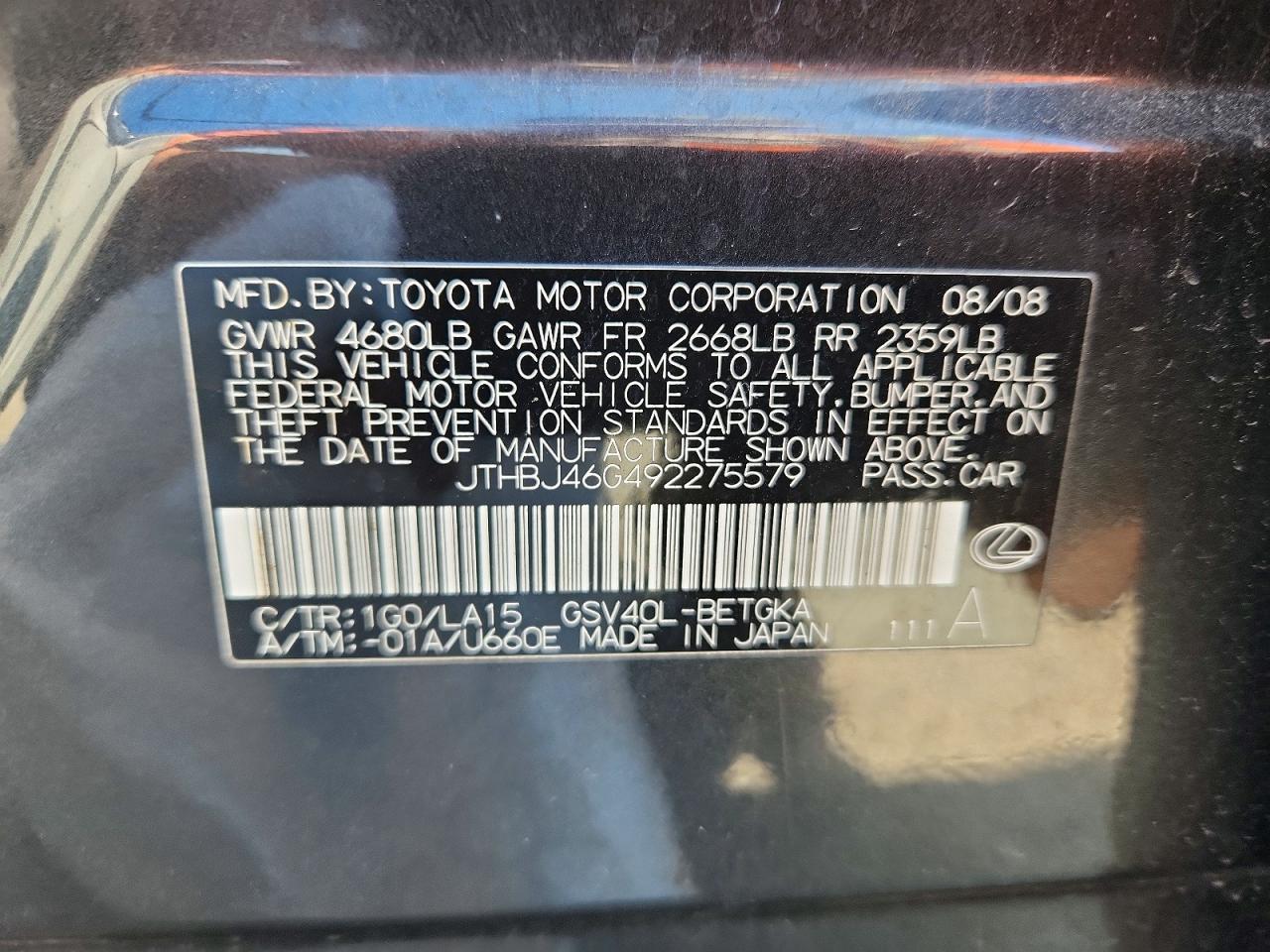 2009 Lexus Es 350 Base Black vin: JTHBJ46G492275579