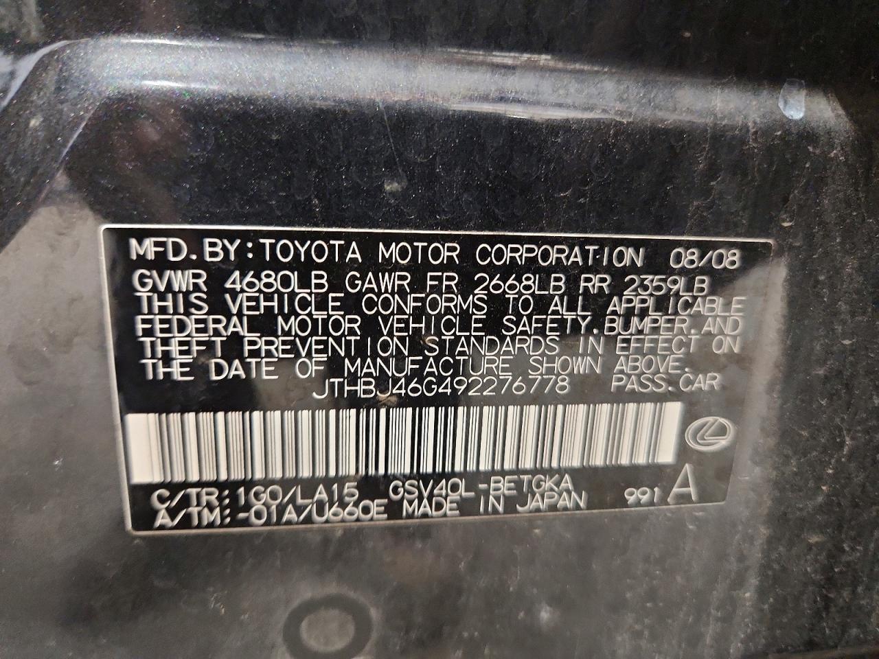 2009 Lexus Es 350 Charcoal vin: JTHBJ46G492276778