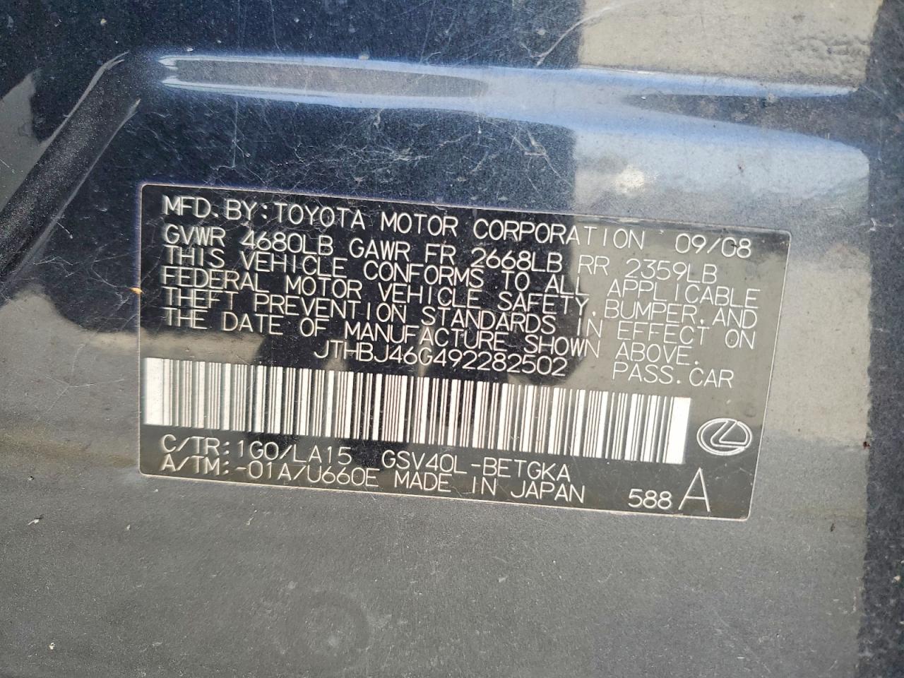 2009 Lexus Es 350 Black vin: JTHBJ46G492282502