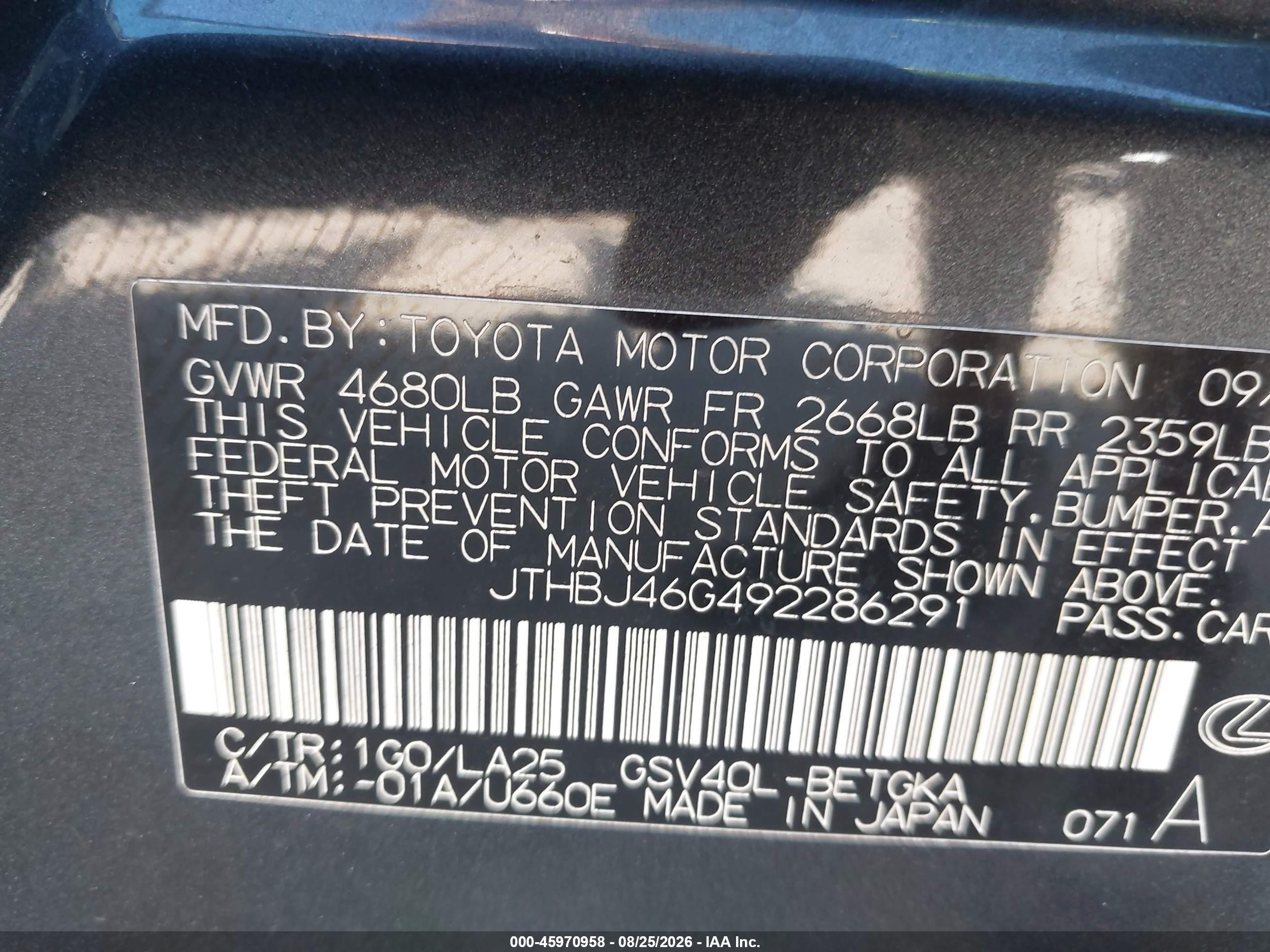 2009 Lexus Es 350 Black vin: JTHBJ46G492286291