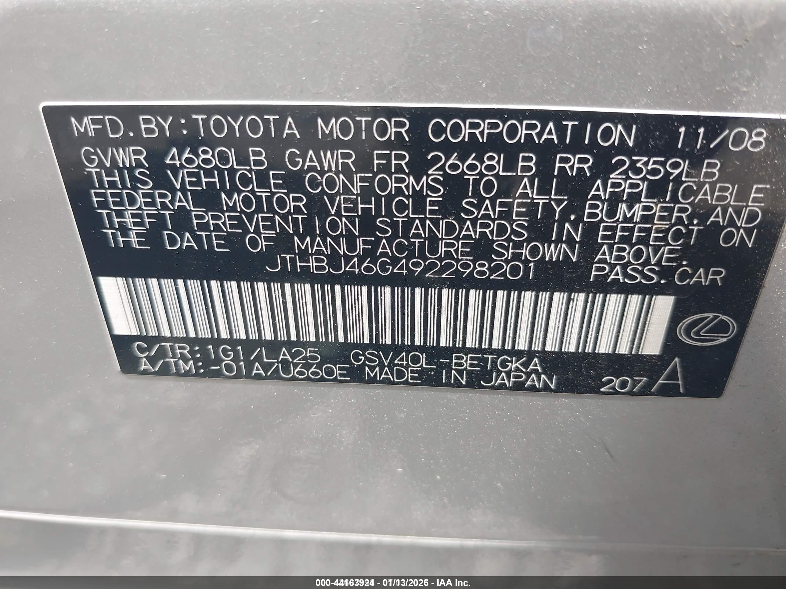 2009 Lexus Es 350   Серебряный vin: JTHBJ46G492298201