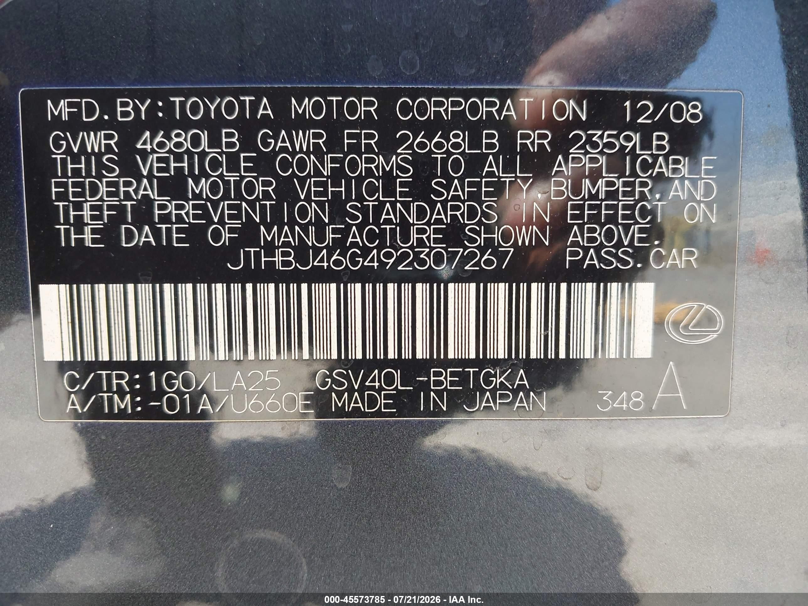 2009 Lexus Es 350   Gray vin: JTHBJ46G492307267