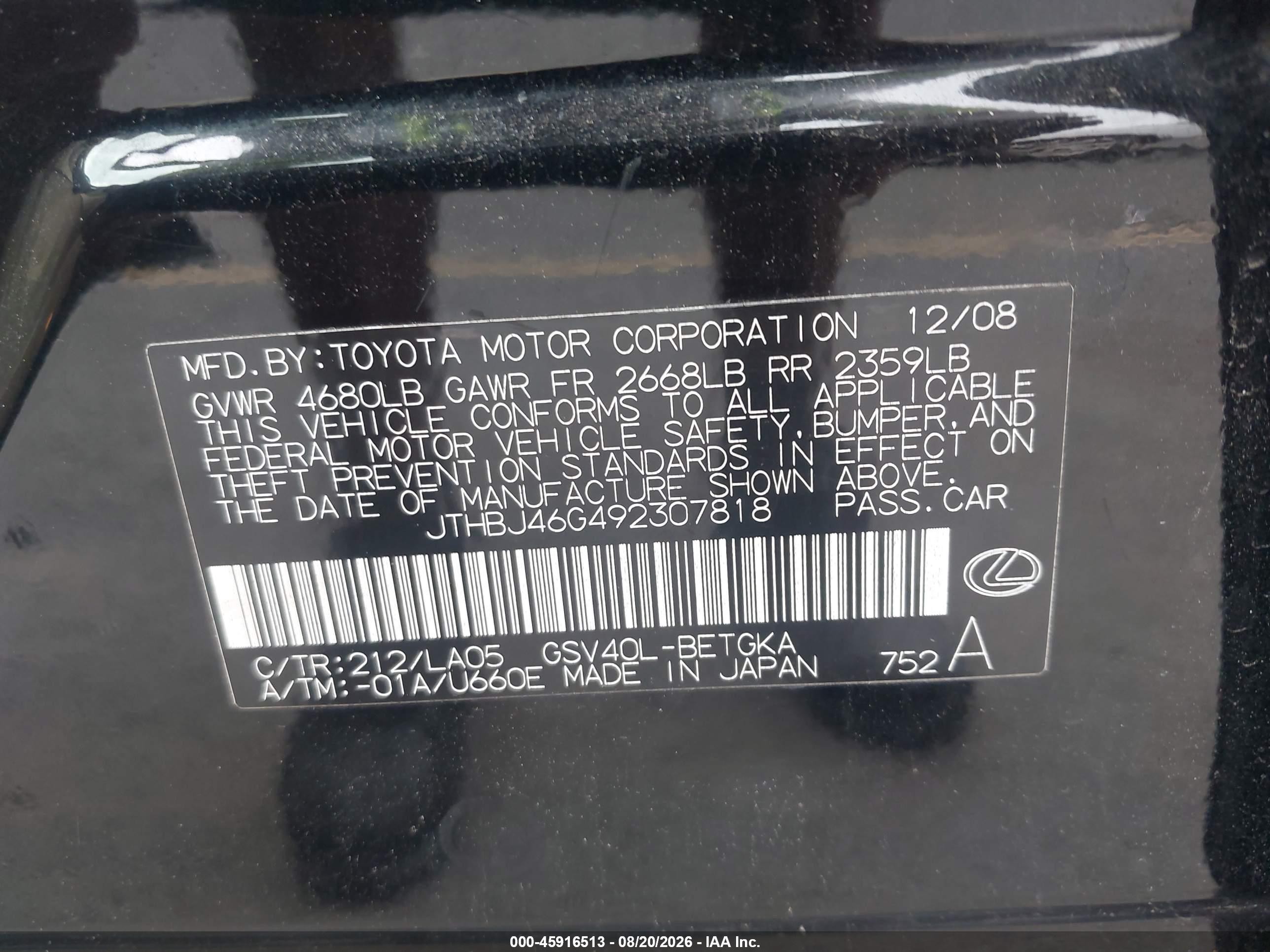 2009 Lexus Es 350 Black vin: JTHBJ46G492307818