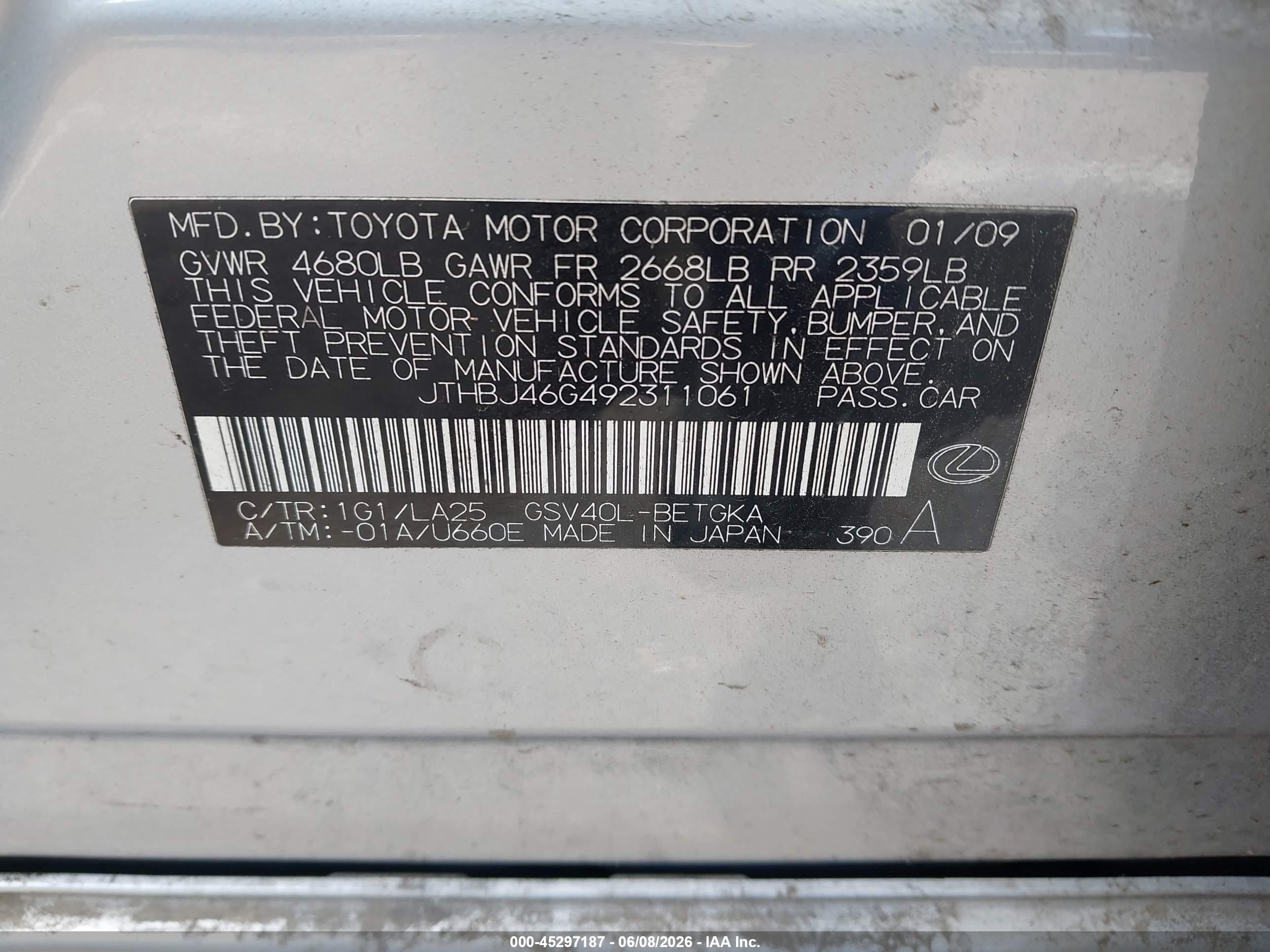2009 Lexus Es 350   Gray vin: JTHBJ46G492311061