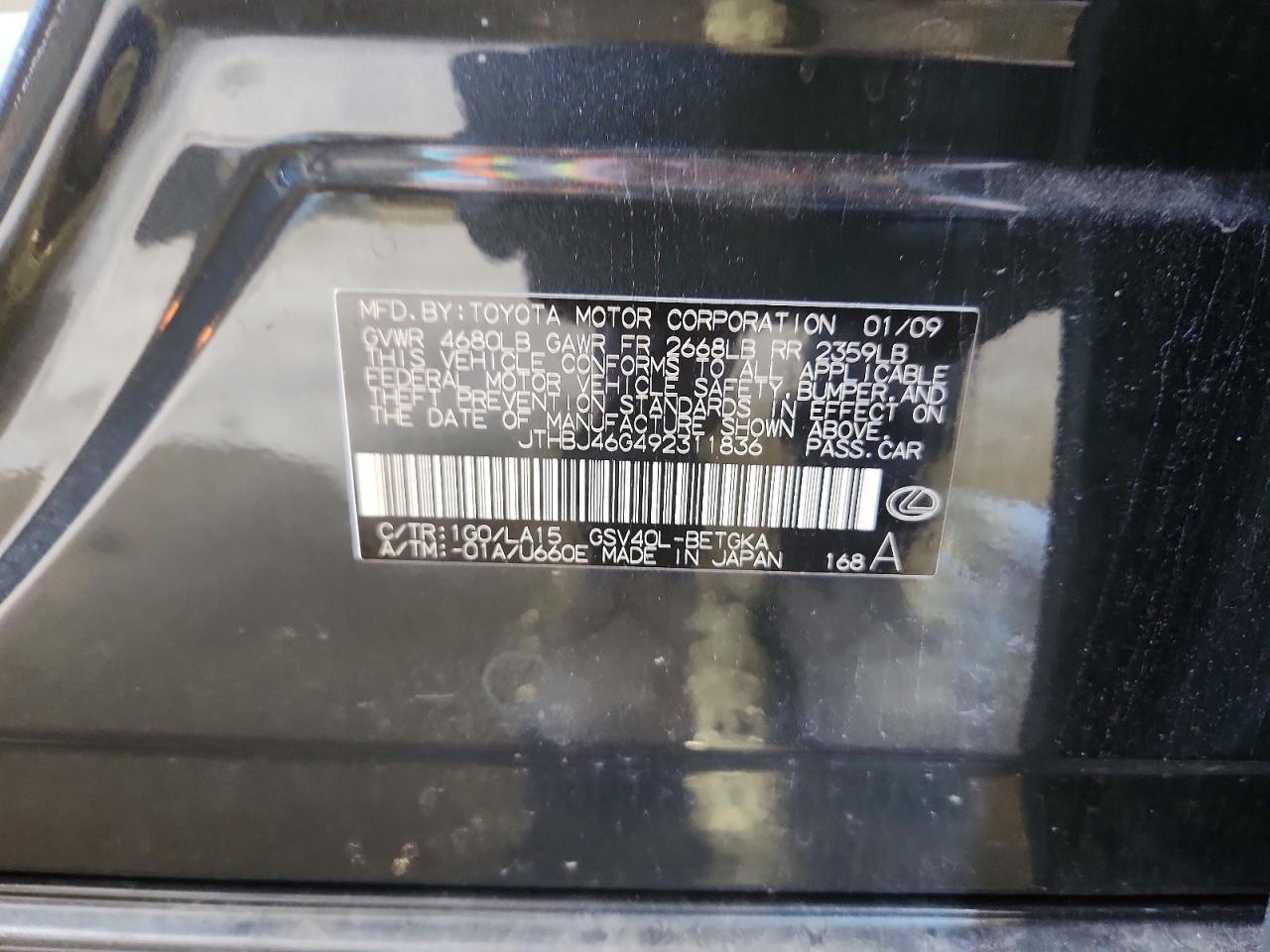 2009 Lexus Es 350 Charcoal vin: JTHBJ46G492311836