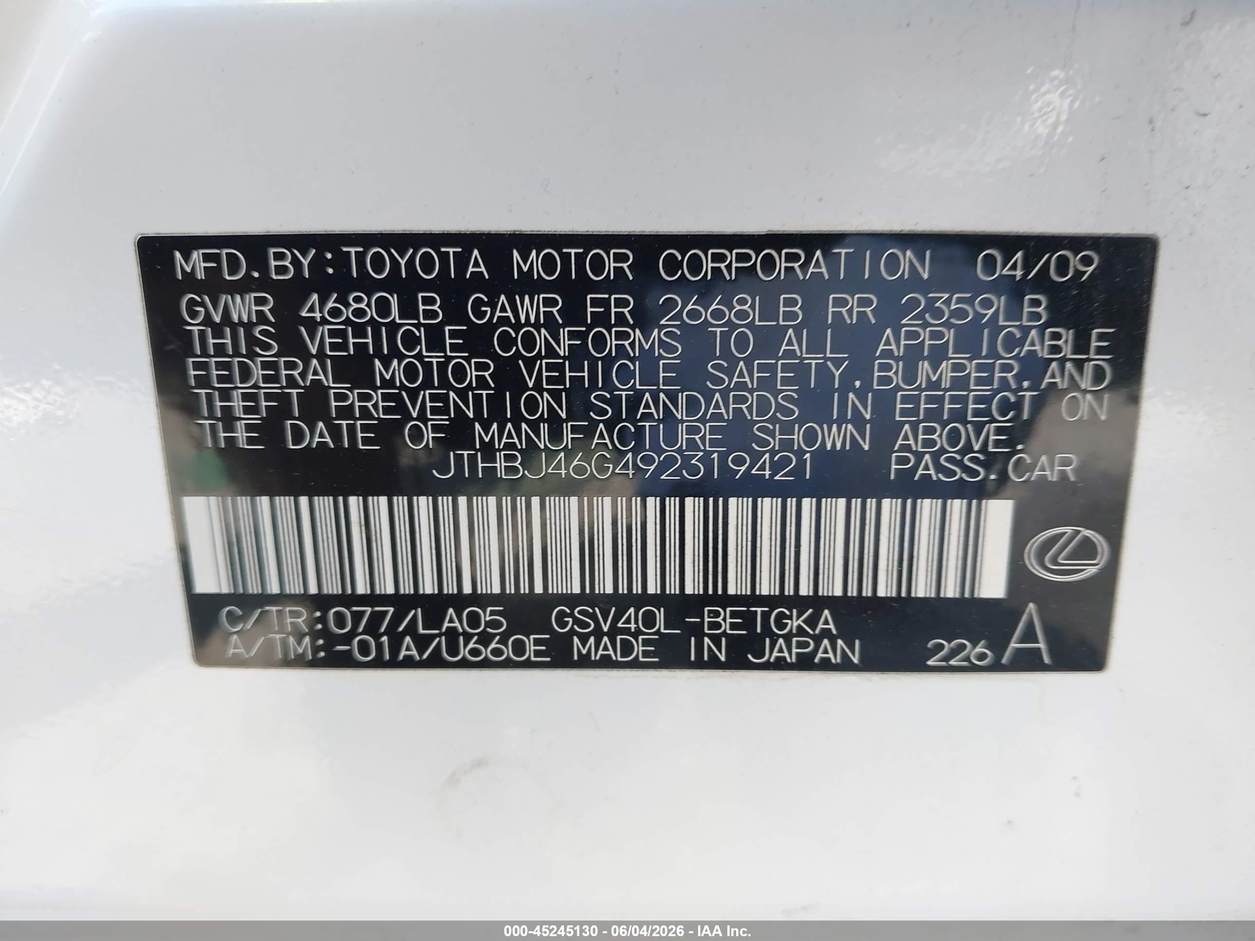 2009 Lexus Es 350 White vin: JTHBJ46G492319421