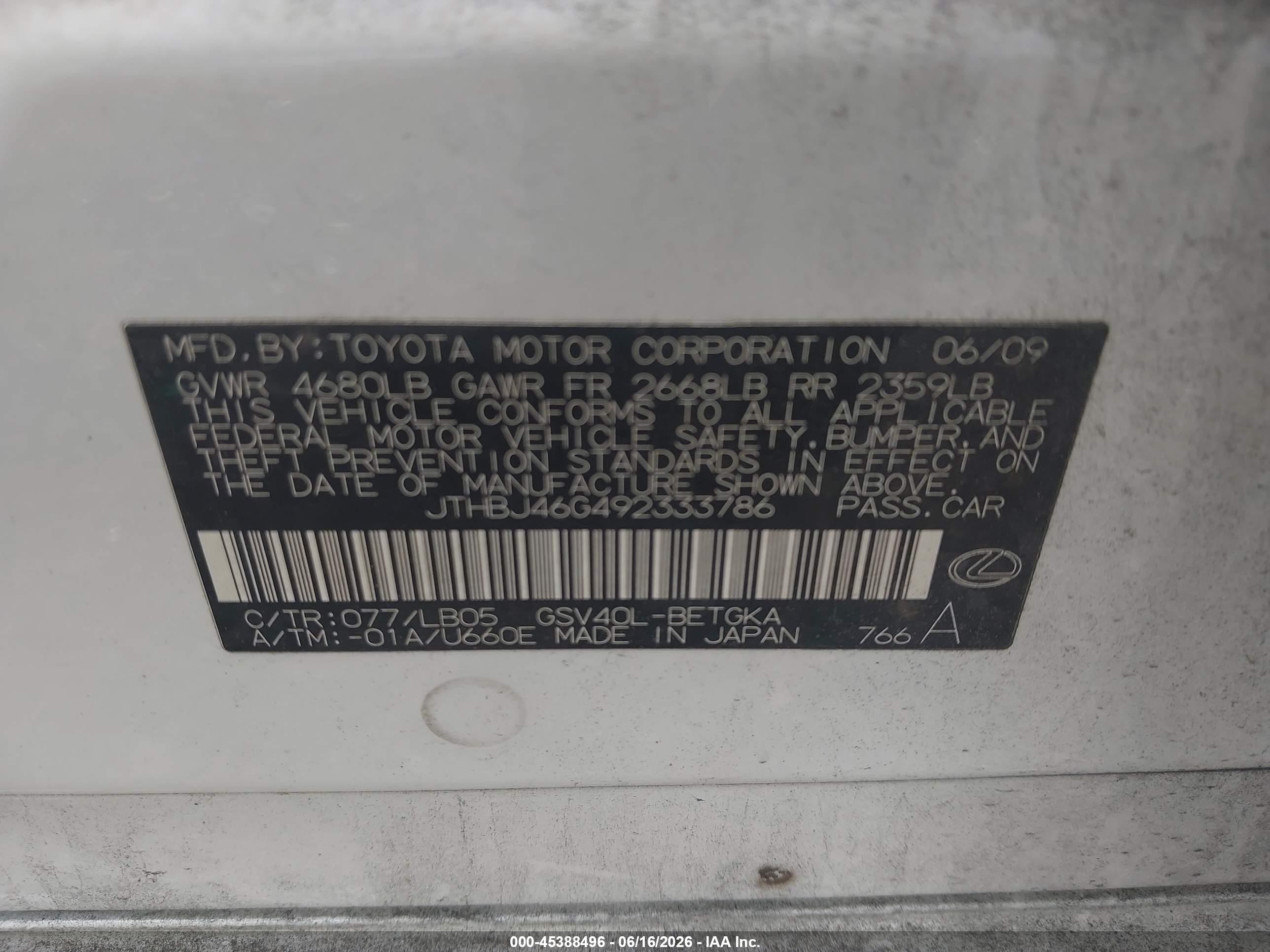 2009 Lexus Es 350   Белый vin: JTHBJ46G492333786