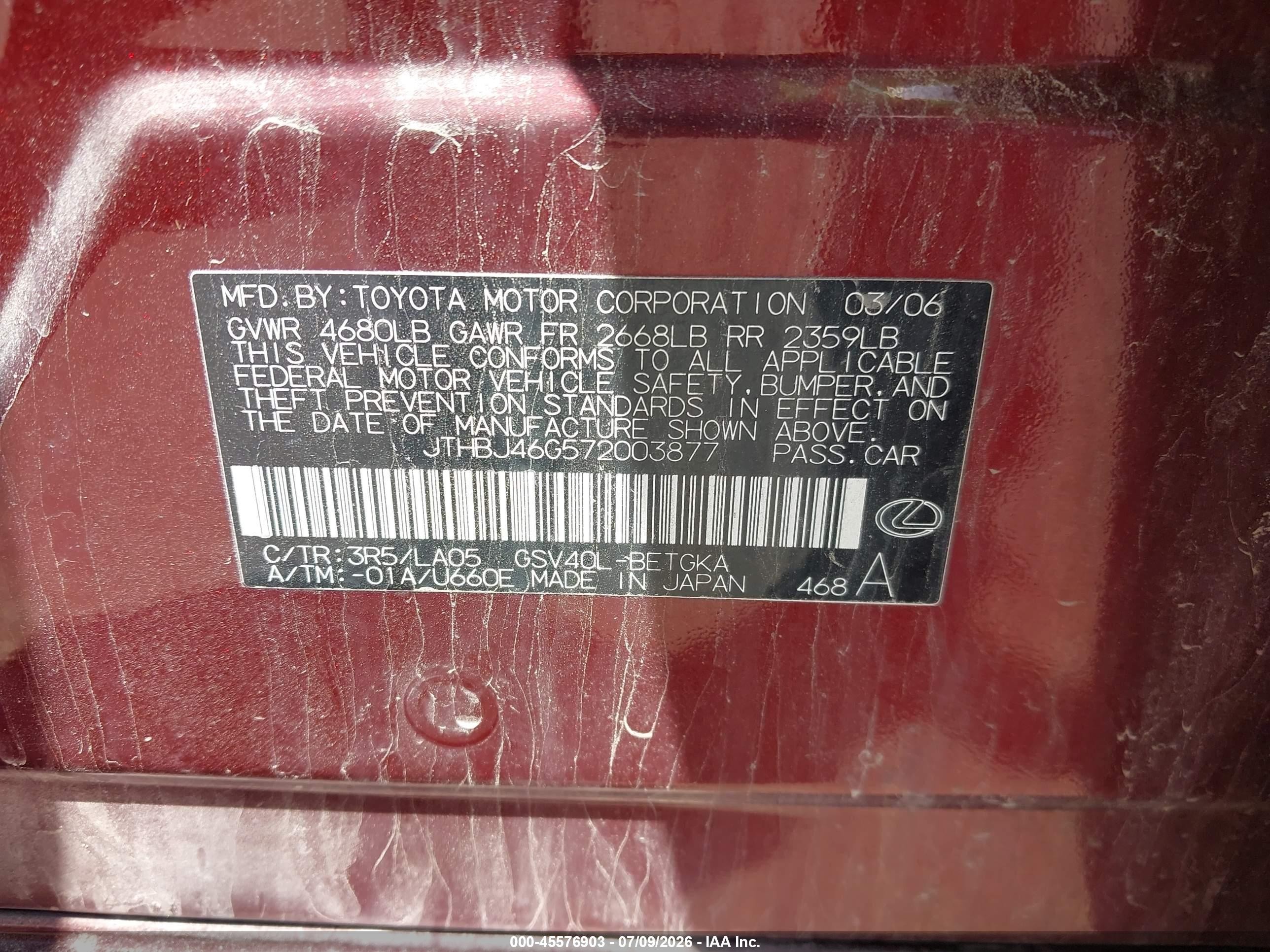 2007 Lexus Es 350   Burgundy vin: JTHBJ46G572003877
