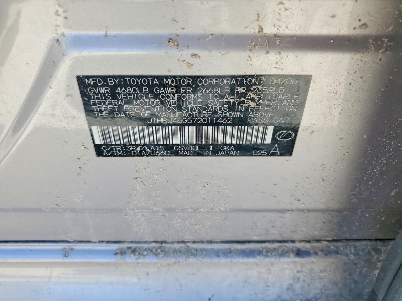 2007 Lexus Es 350 Silver vin: JTHBJ46G572011462