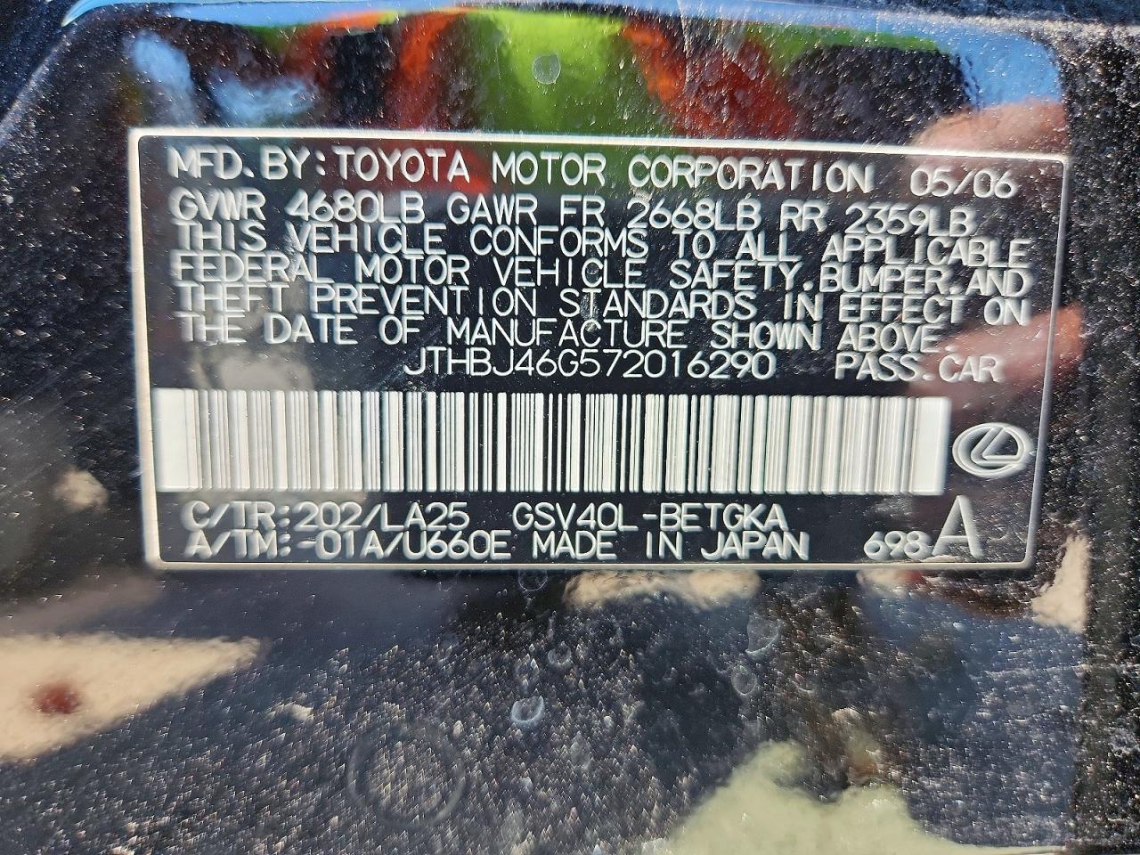 2007 Lexus Es 350 Black vin: JTHBJ46G572016290