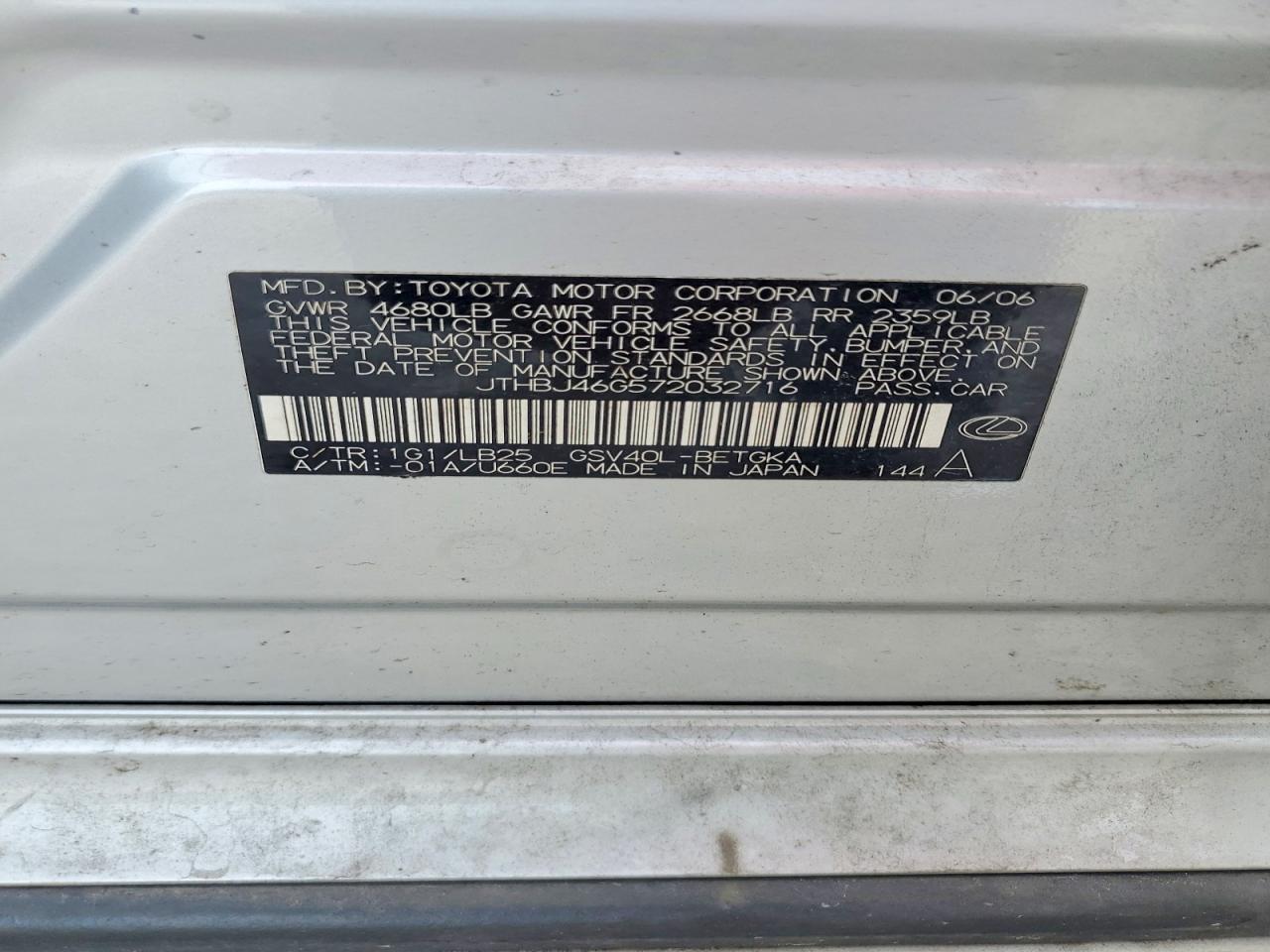 2007 Lexus Es 350 Silver vin: JTHBJ46G572032716