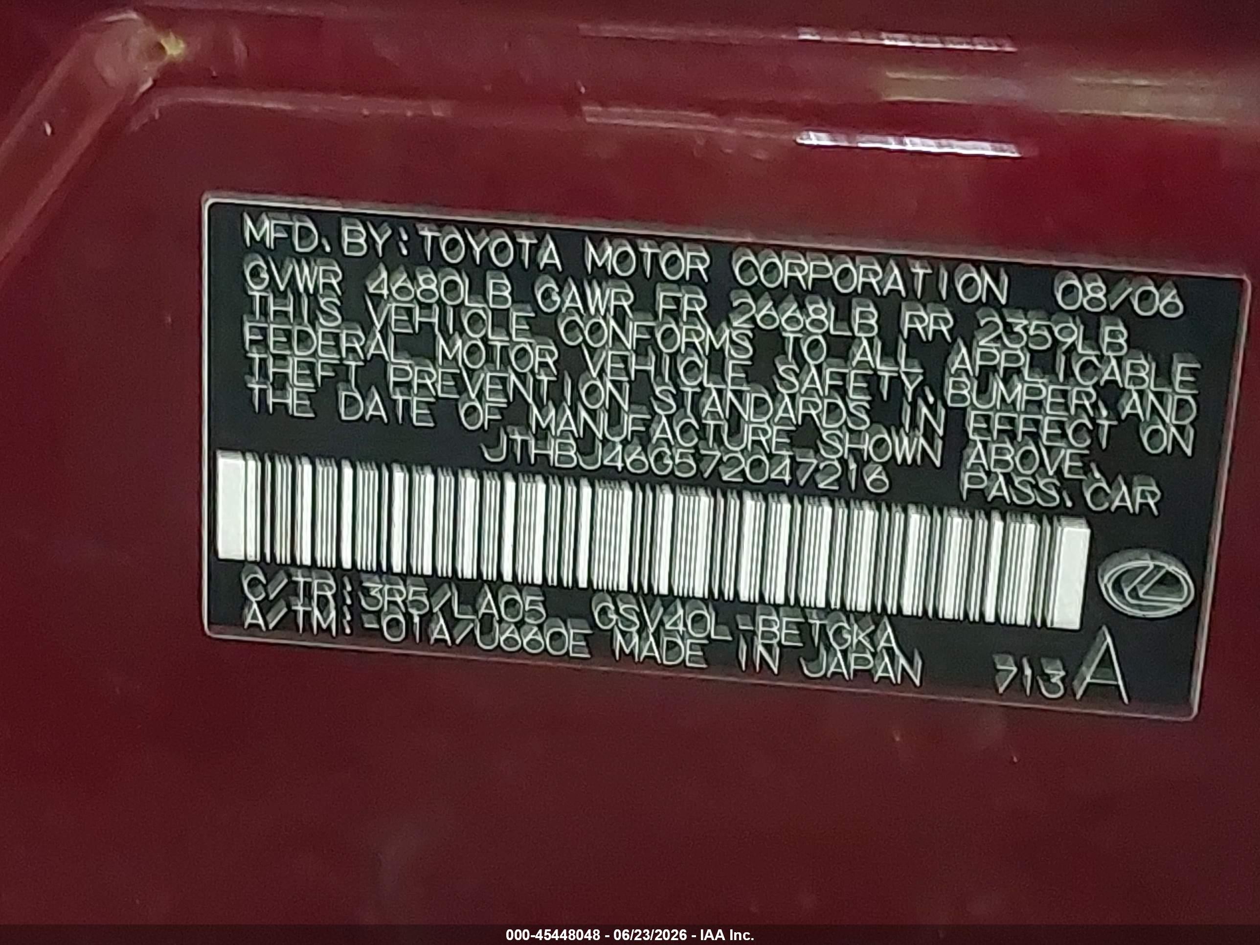 2007 Lexus Es 350   Burgundy vin: JTHBJ46G572047216