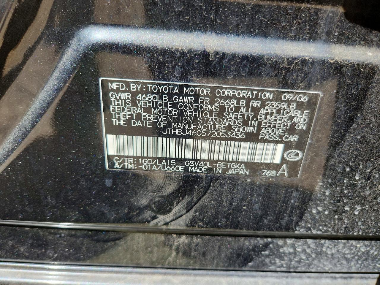 2007 Lexus Es 350 Gray vin: JTHBJ46G572053436