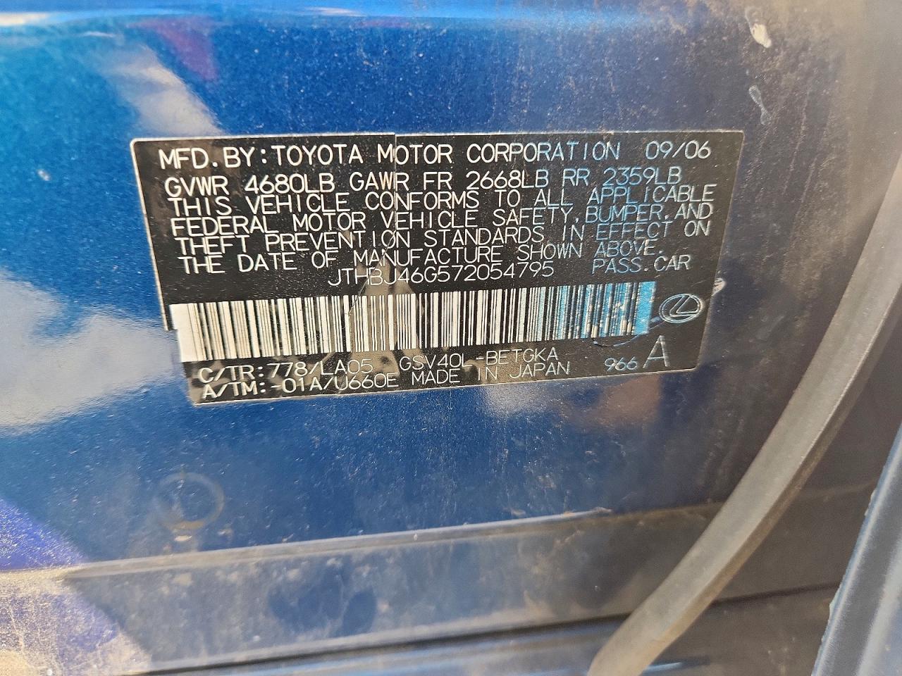2007 Lexus Es 350 Blue vin: JTHBJ46G572054795