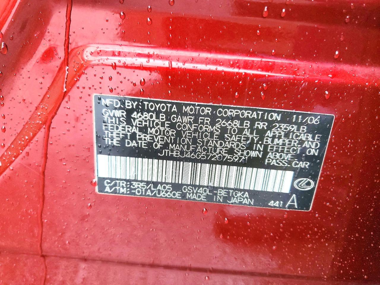 2007 Lexus Es 350 Red vin: JTHBJ46G572075971