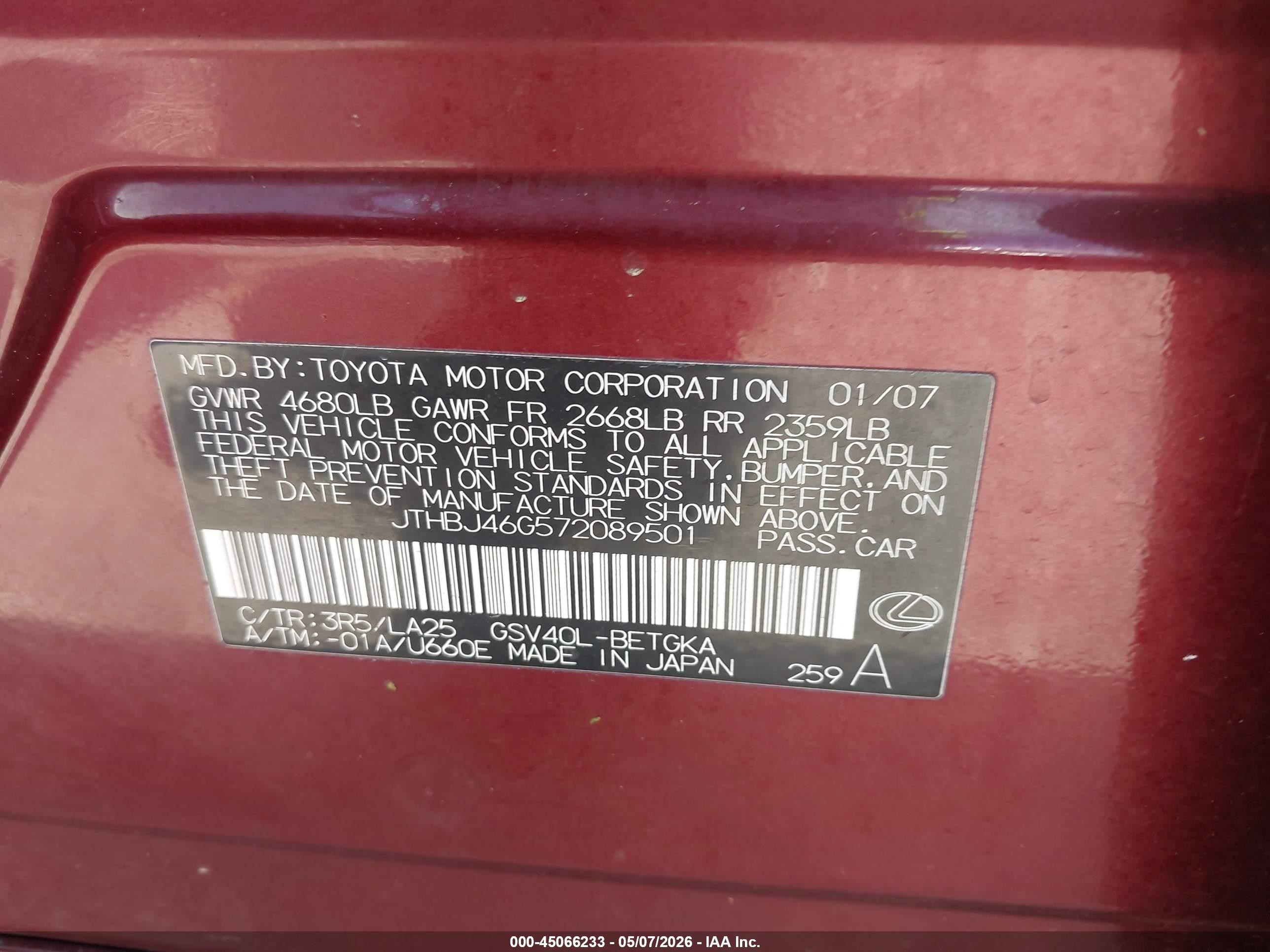 2007 Lexus Es 350 Maroon vin: JTHBJ46G572089501