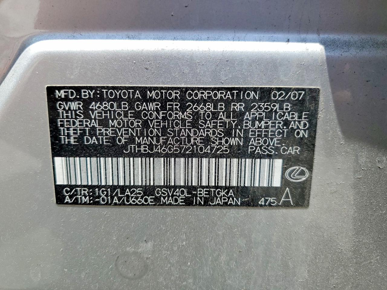 2007 Lexus Es 350 Silver vin: JTHBJ46G572104725