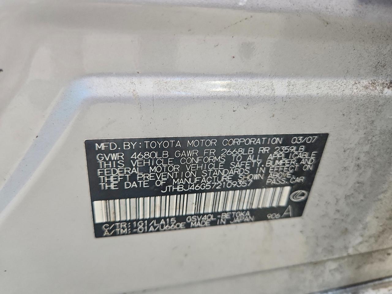 2007 Lexus Es 350 Silver vin: JTHBJ46G572109357