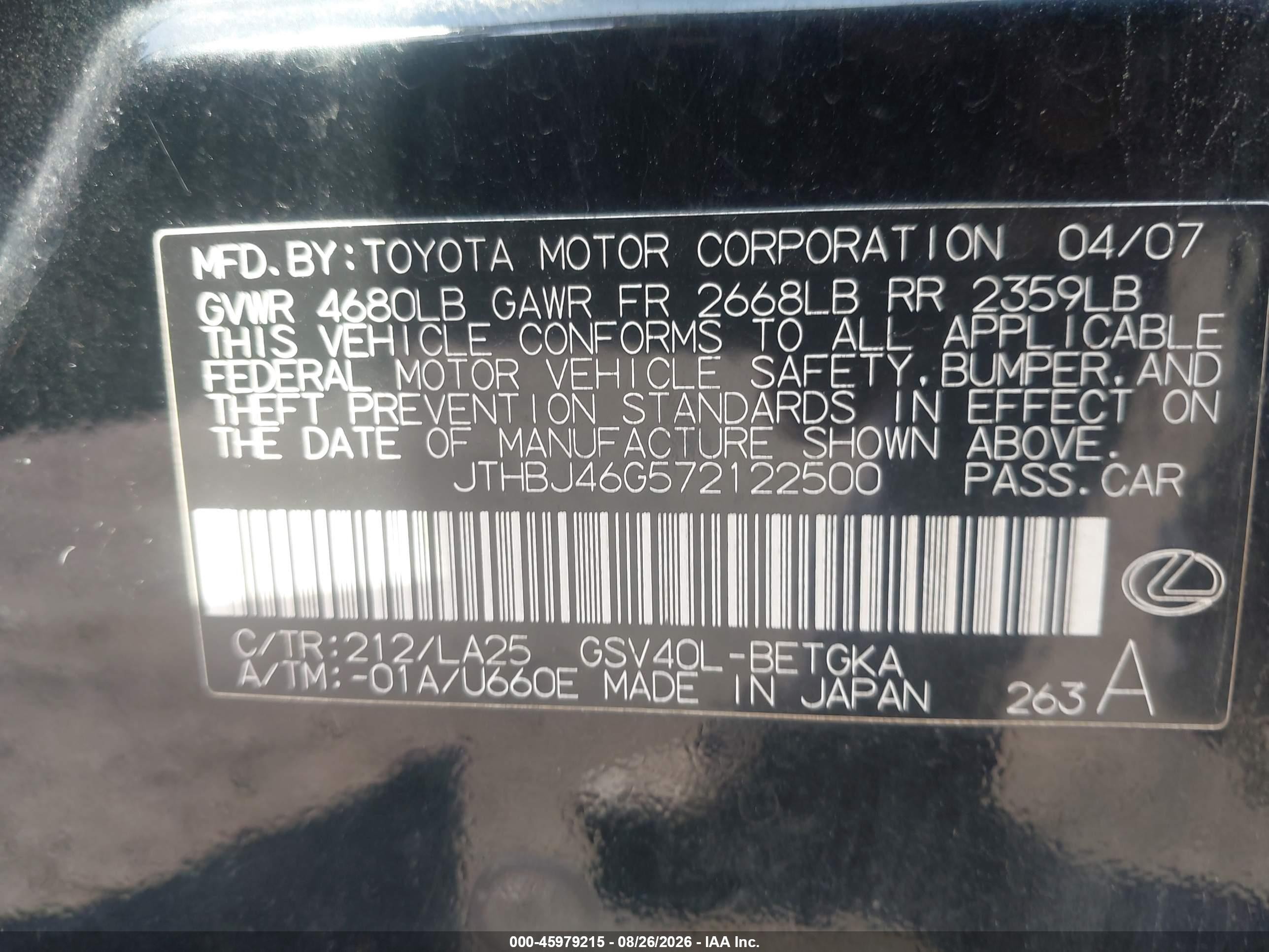2007 Lexus Es 350 Черный vin: JTHBJ46G572122500