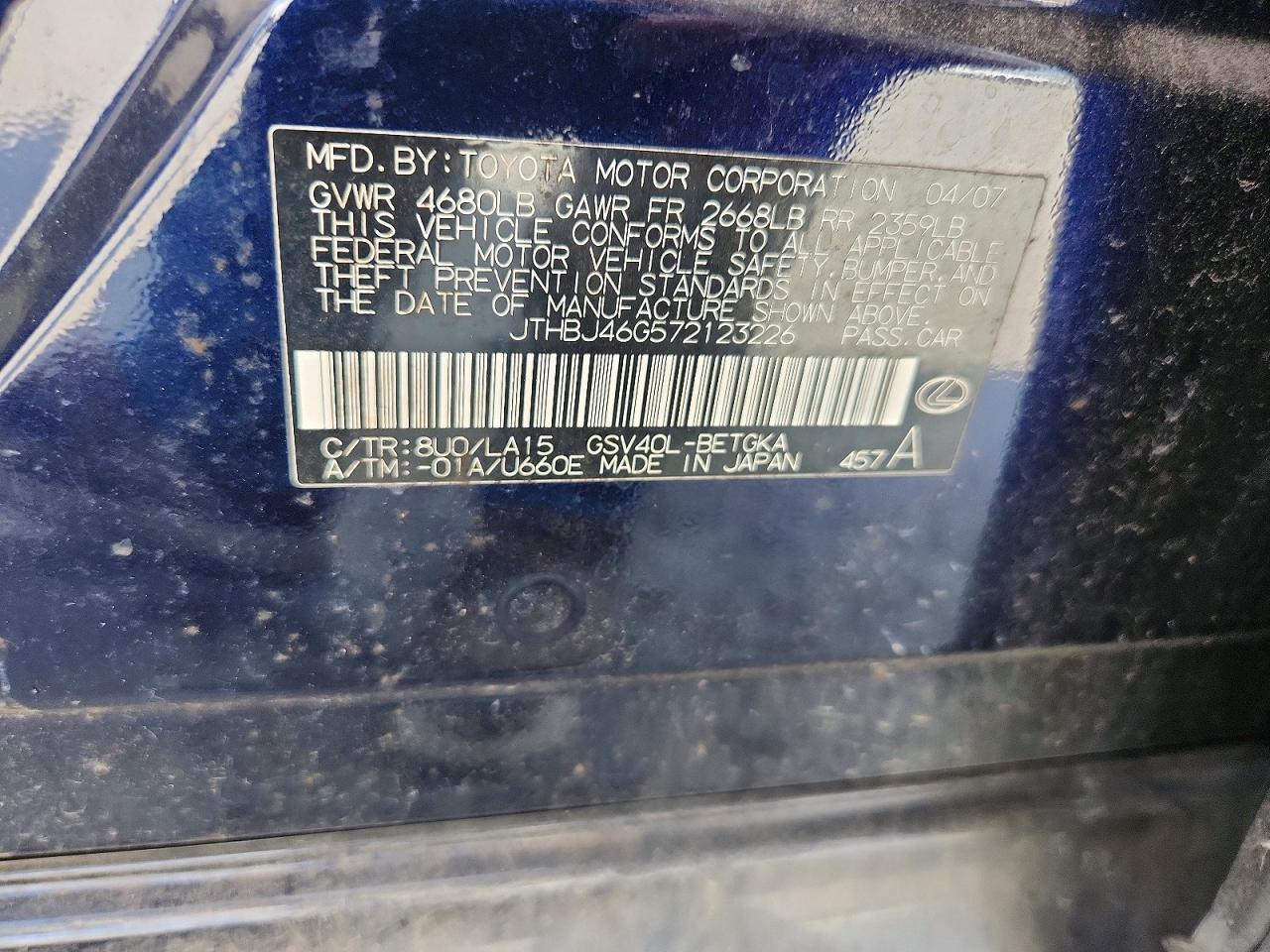 2007 Lexus Es 350 Blue vin: JTHBJ46G572123226