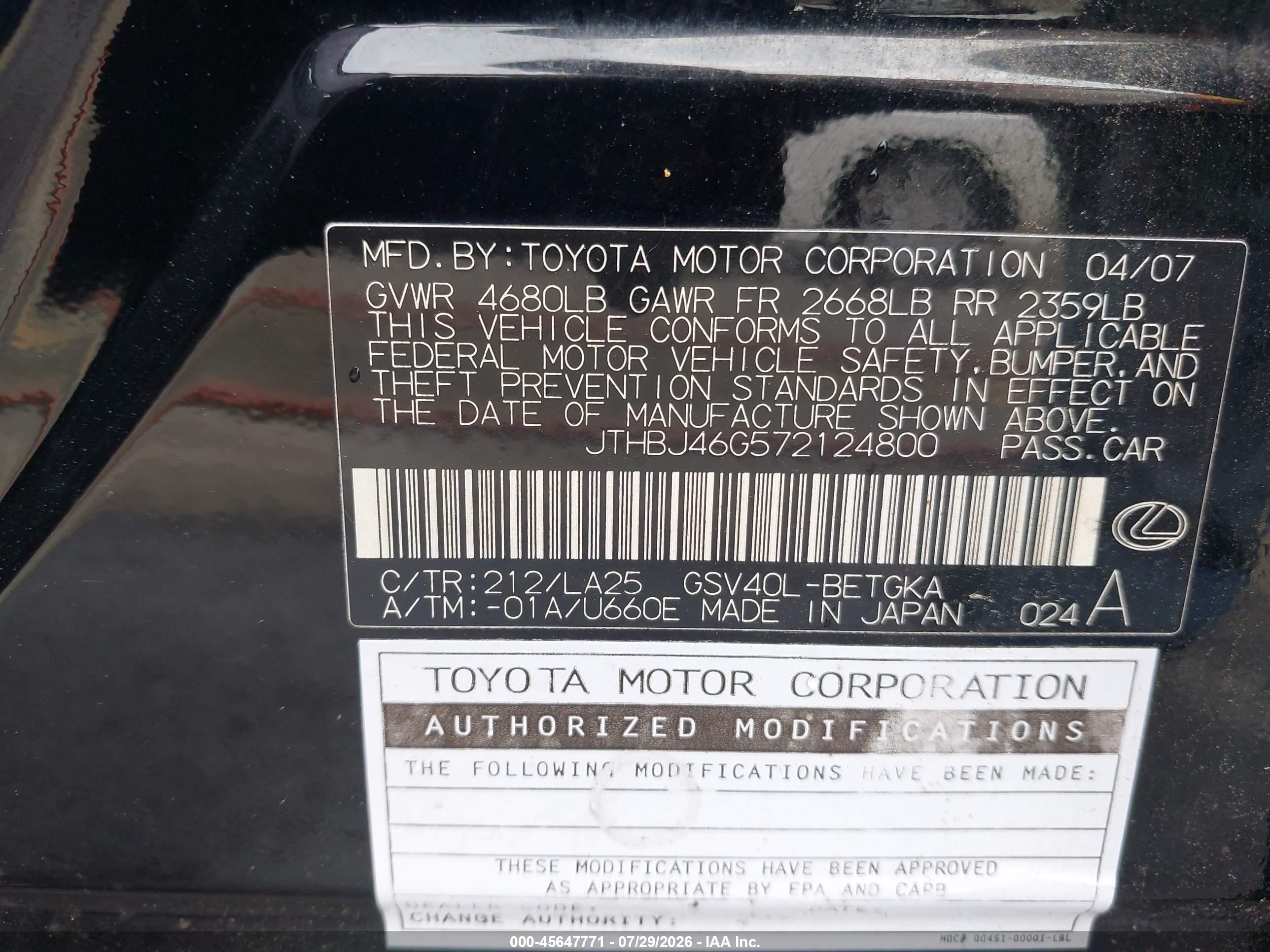 2007 Lexus Es 350 Black vin: JTHBJ46G572124800