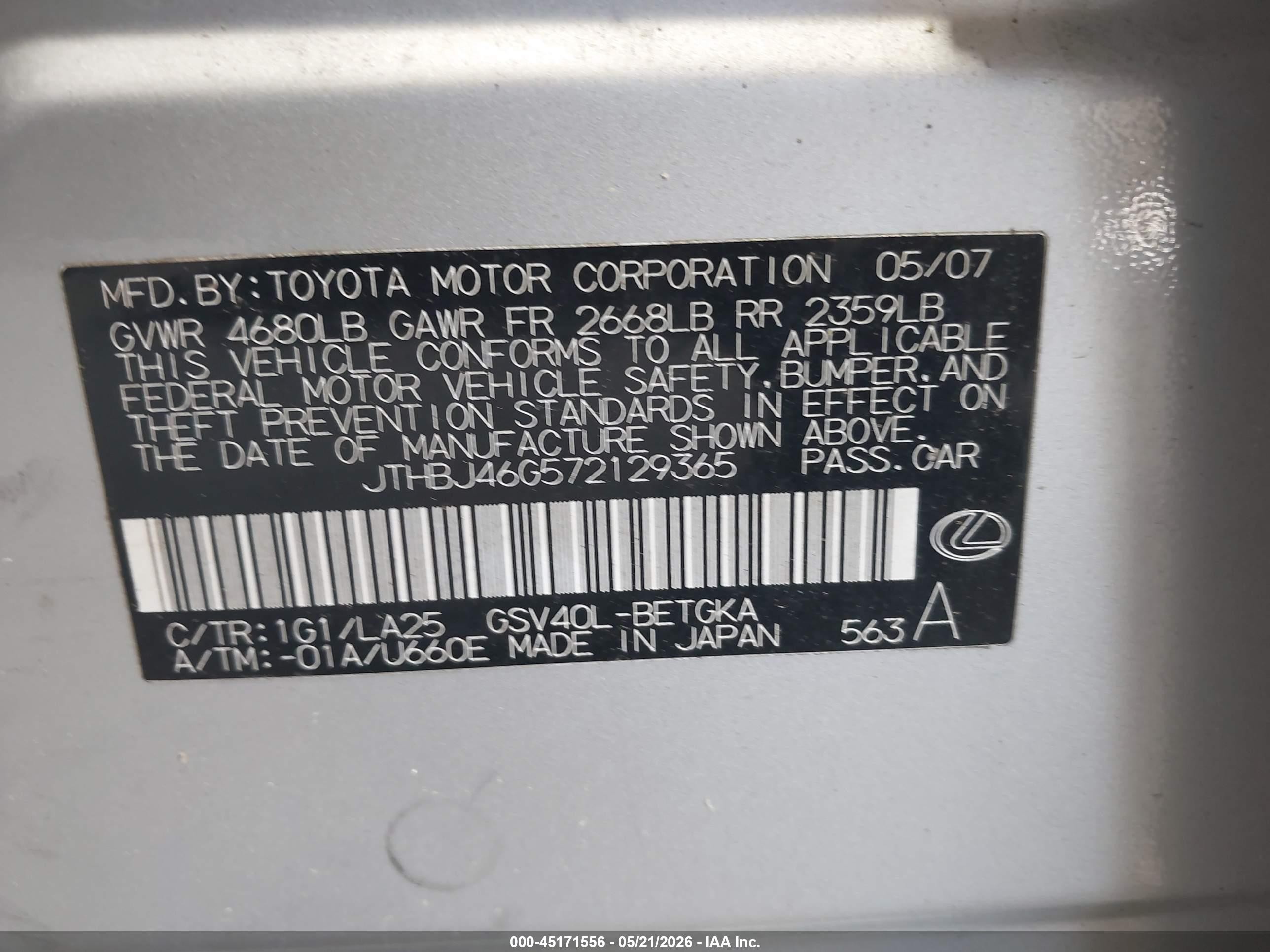 2007 Lexus Es 350   Silver vin: JTHBJ46G572129365
