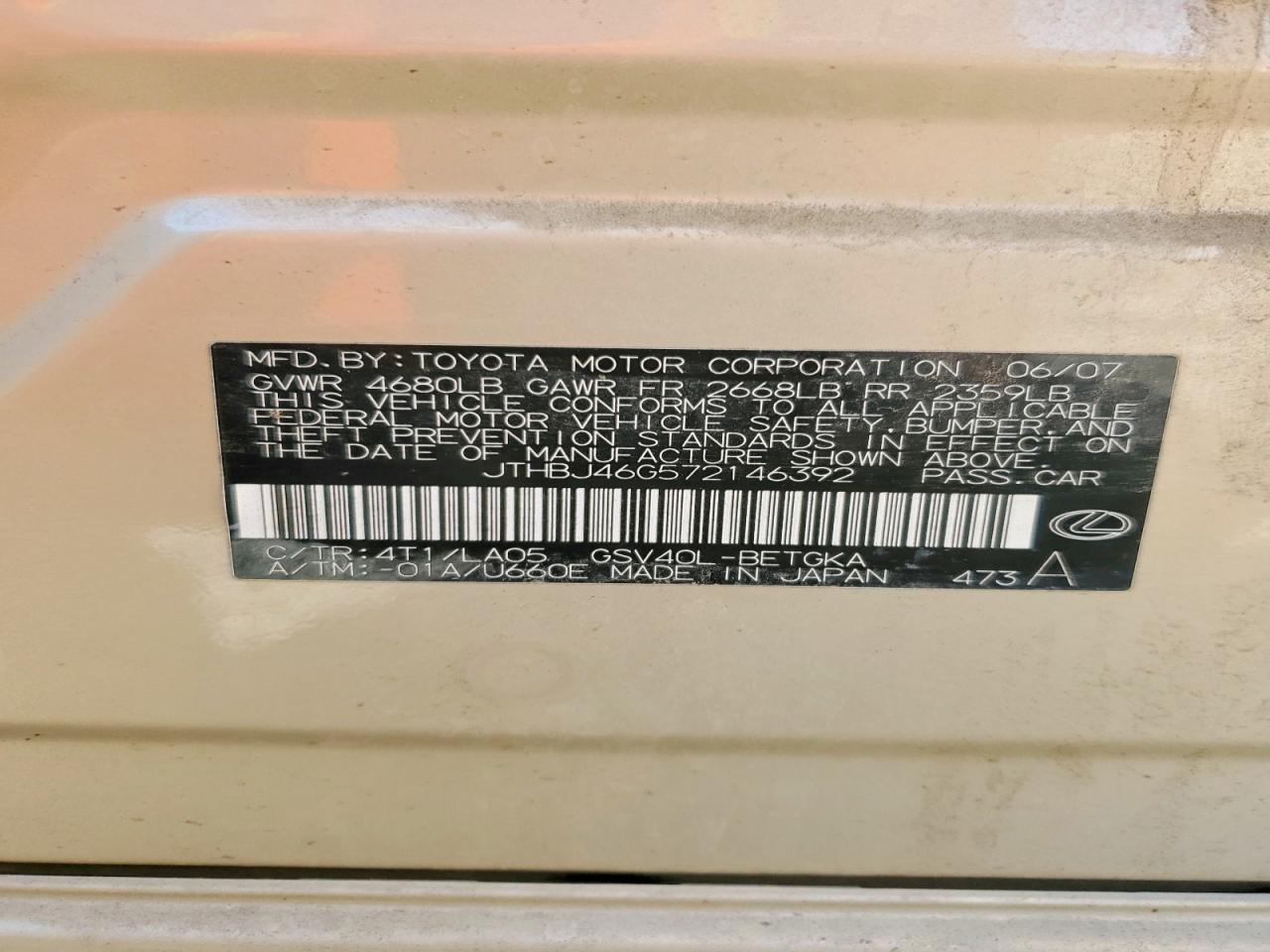 2007 Lexus Es 350 Gold vin: JTHBJ46G572146392