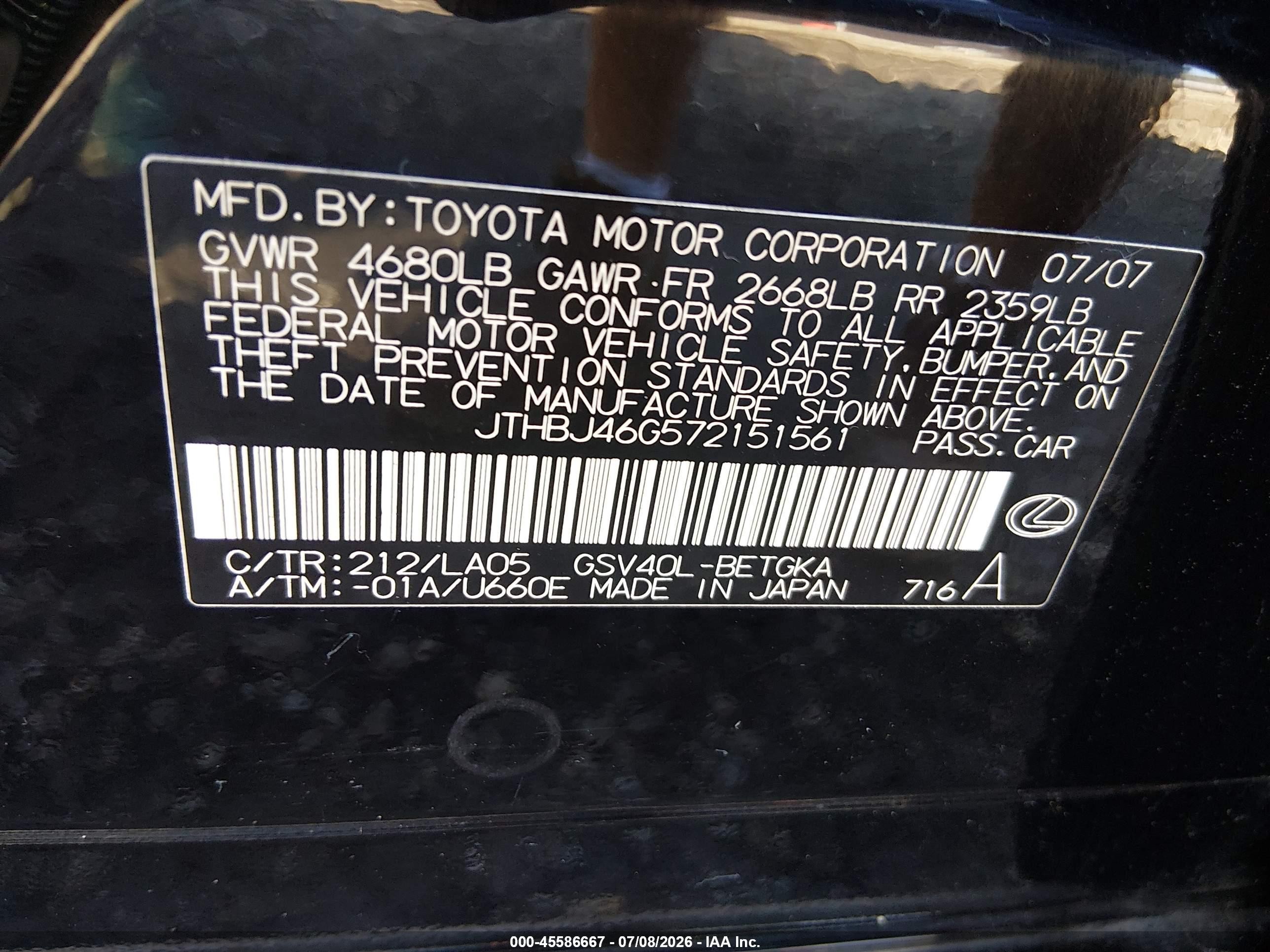 2007 Lexus Es 350   Black vin: JTHBJ46G572151561