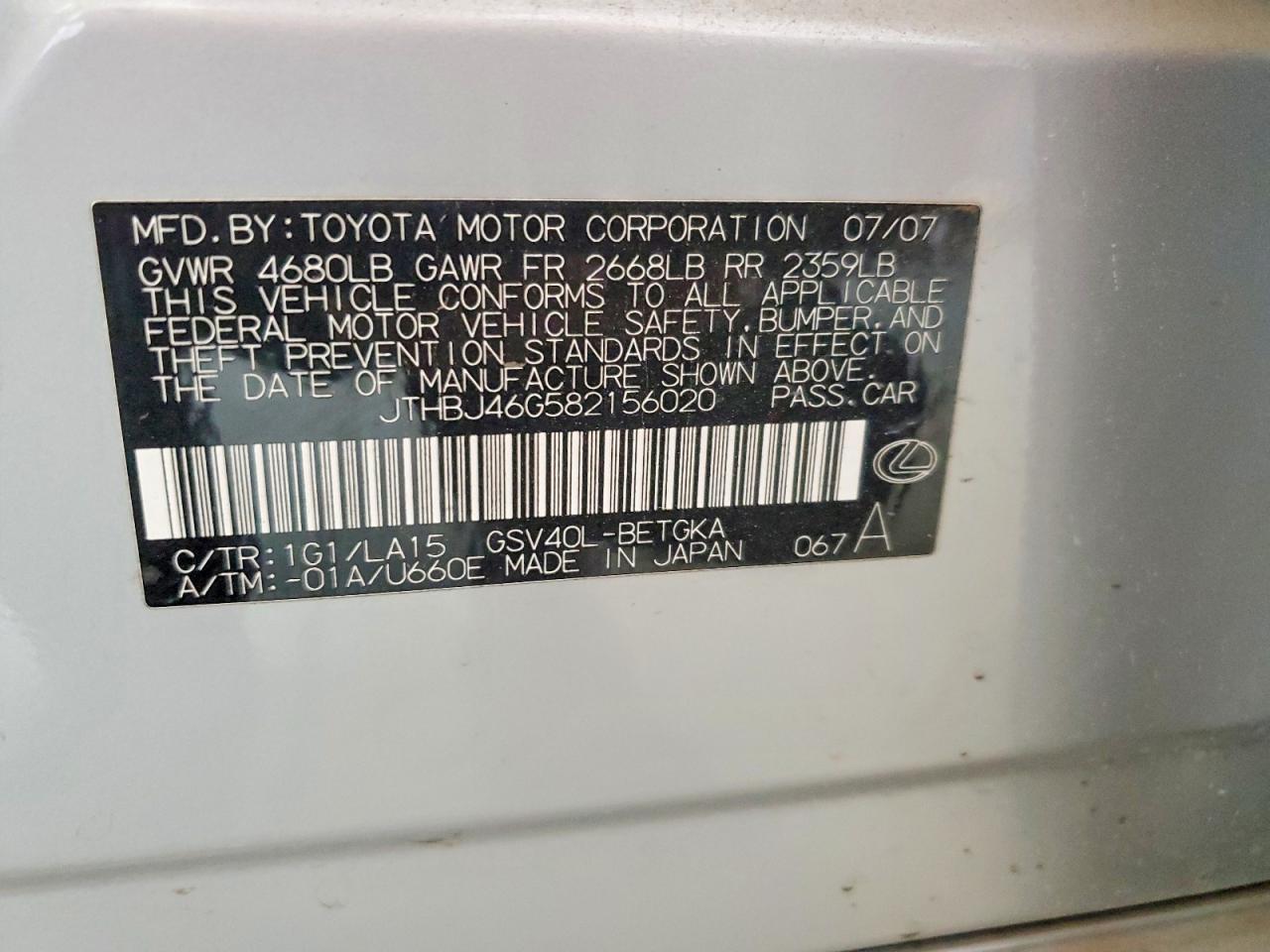 2008 Lexus Es 350 Silver vin: JTHBJ46G582156020