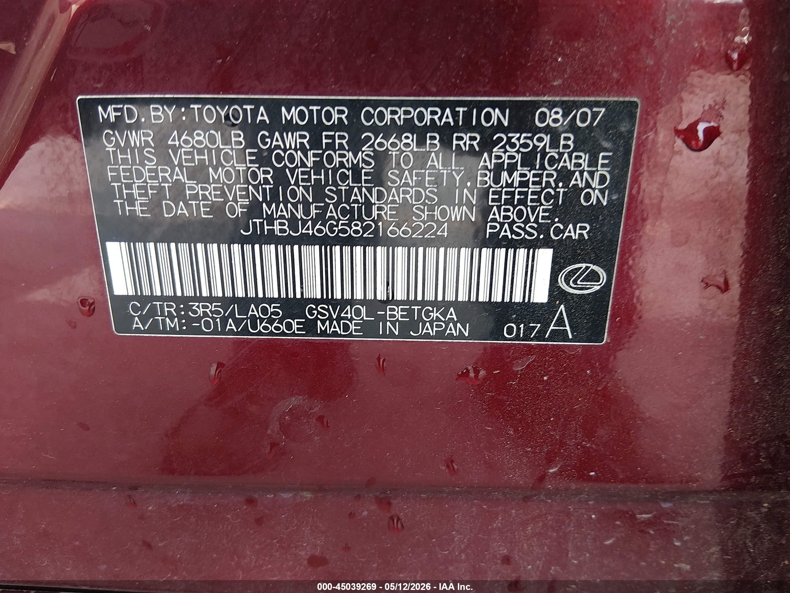 2008 Lexus Es 350   Red vin: JTHBJ46G582166224